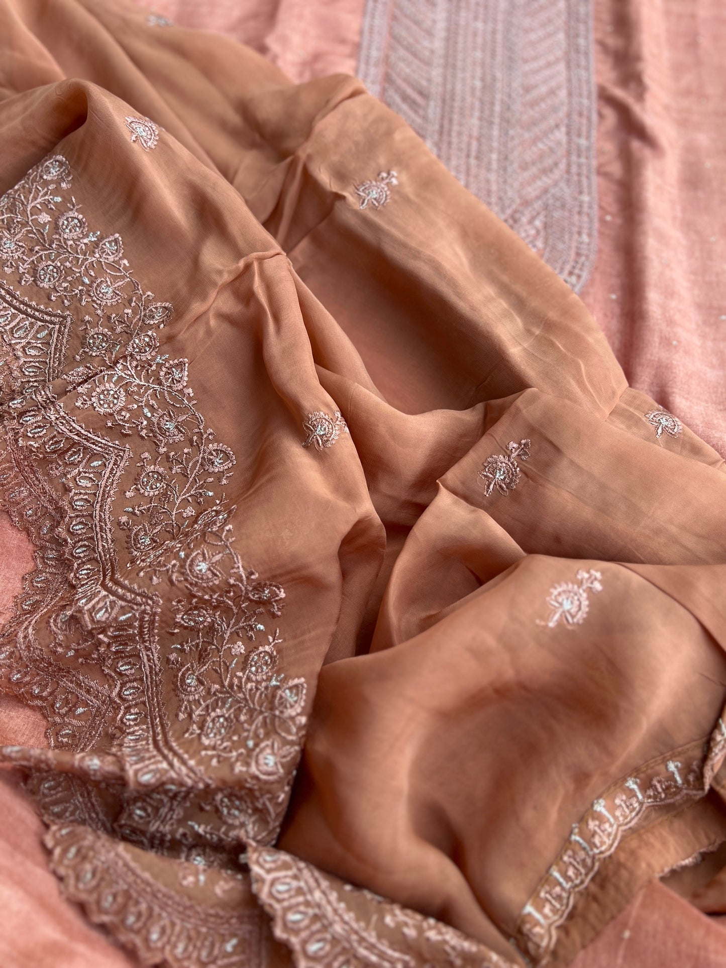 Regal Copper Elegance – Shimmer Silk Suit with Embroidered Grace