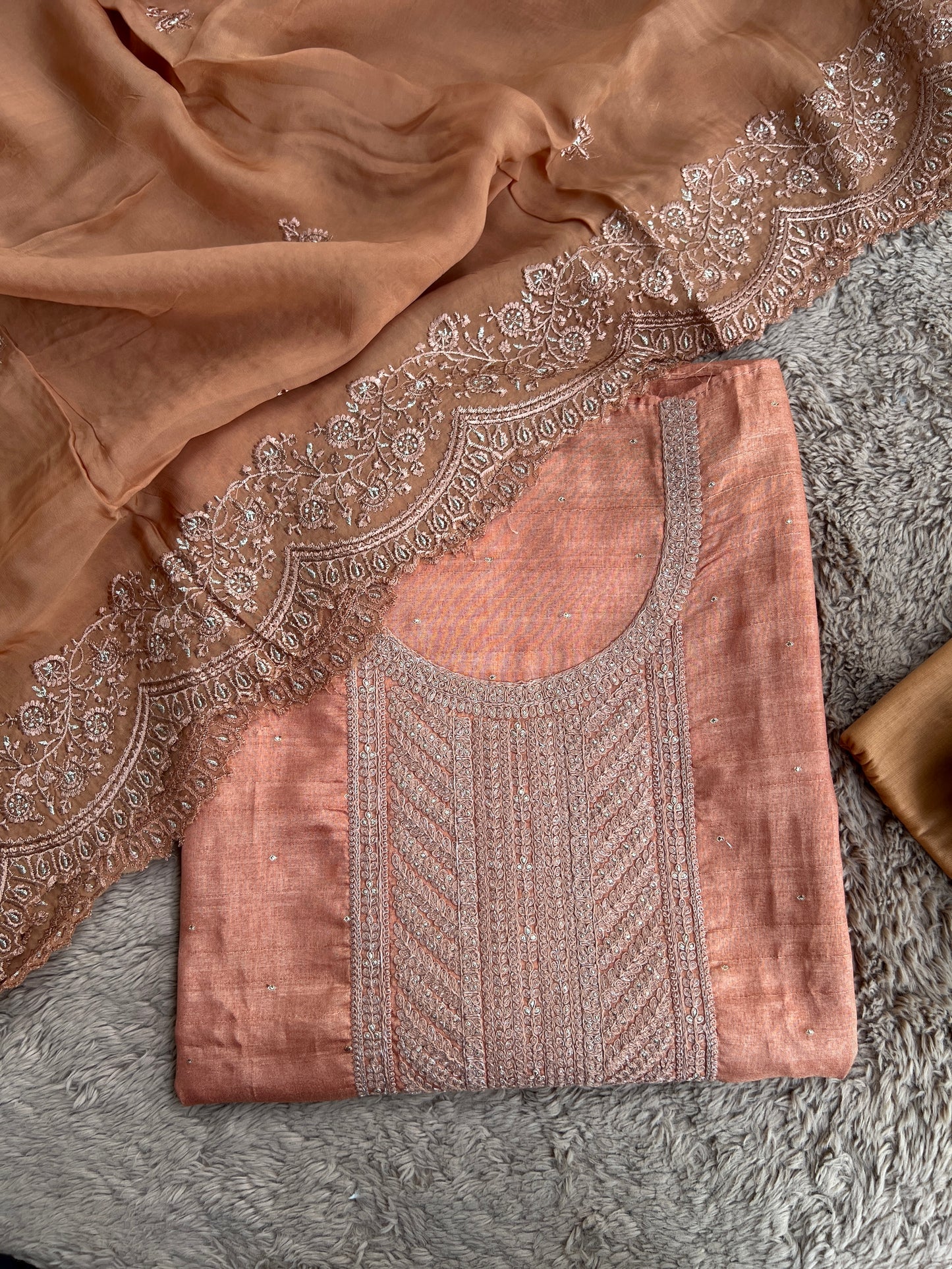 Regal Copper Elegance – Shimmer Silk Suit with Embroidered Grace