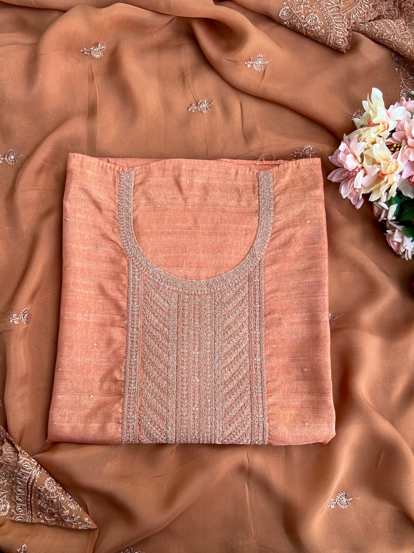 Regal Copper Elegance – Shimmer Silk Suit with Embroidered Grace