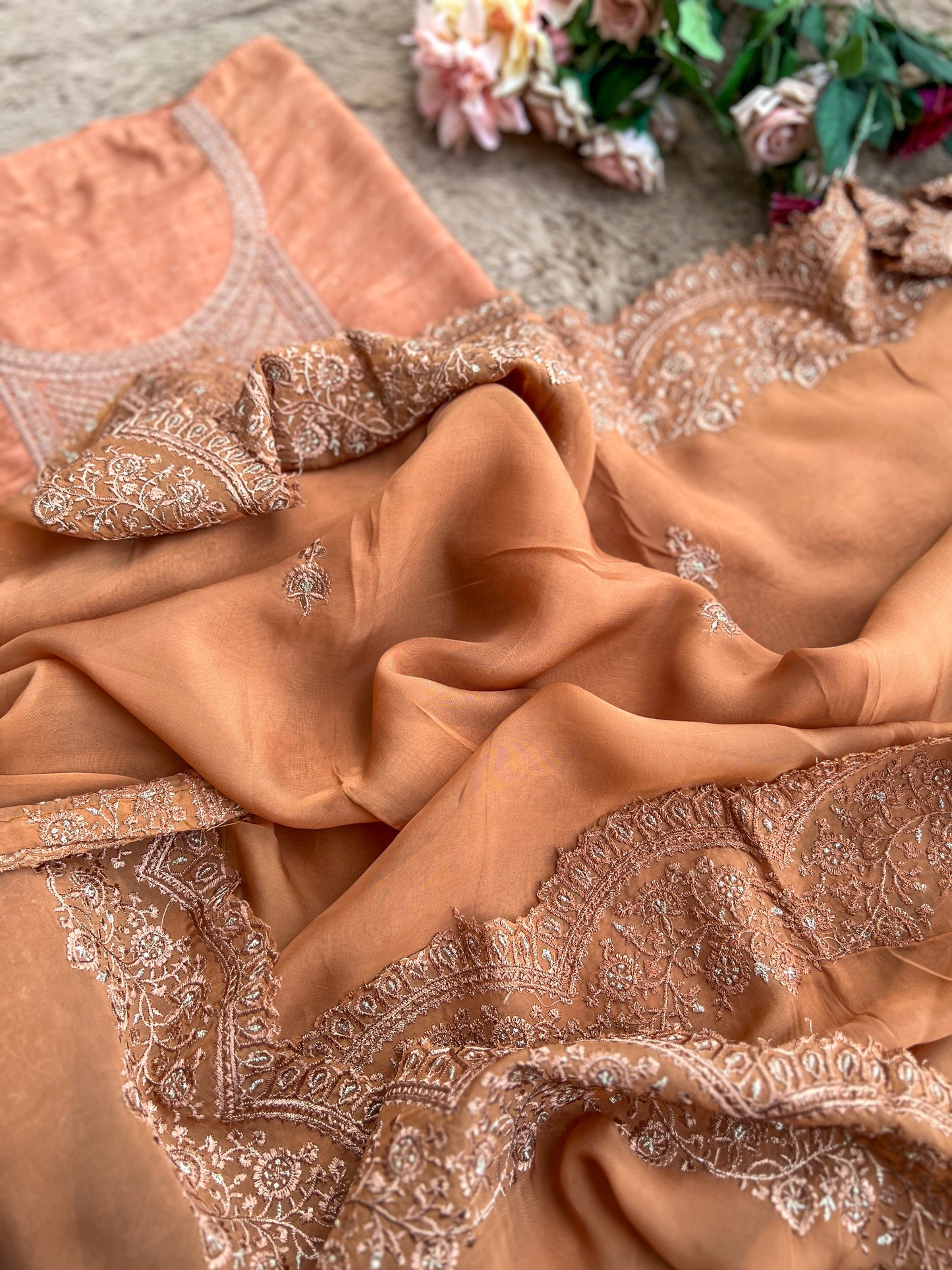 Regal Copper Elegance – Shimmer Silk Suit with Embroidered Grace