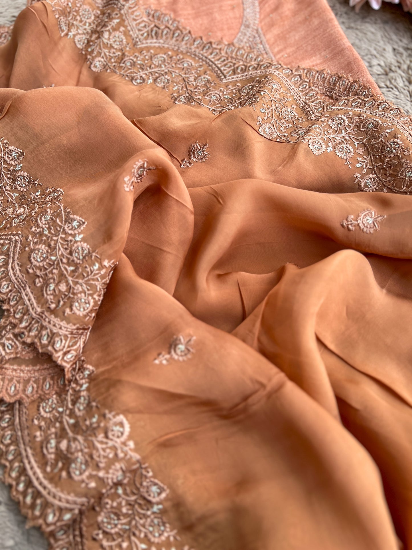 Regal Copper Elegance – Shimmer Silk Suit with Embroidered Grace