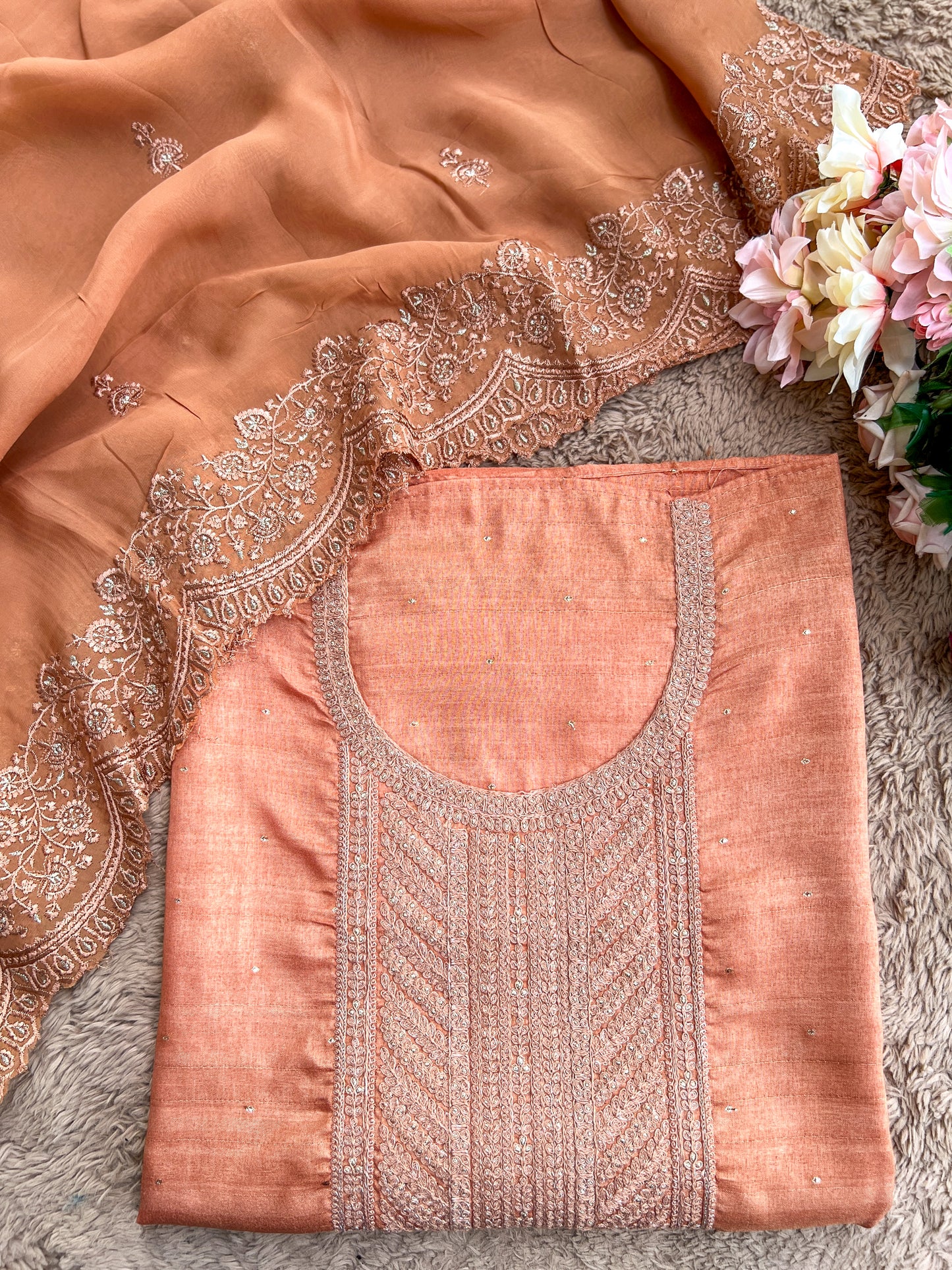 Regal Copper Elegance – Shimmer Silk Suit with Embroidered Grace