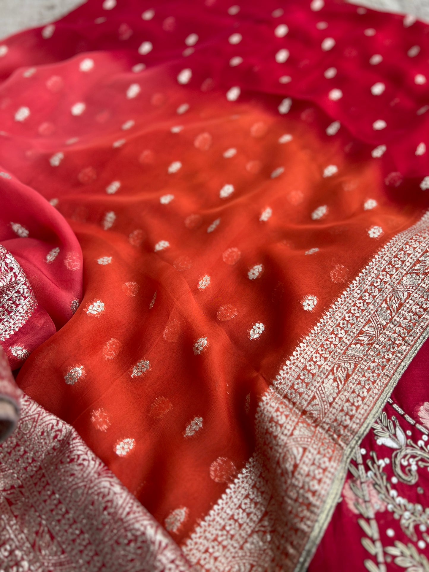 Regal Red Banarasi Chanderi Ensemble with Handcrafted Neck Detailing