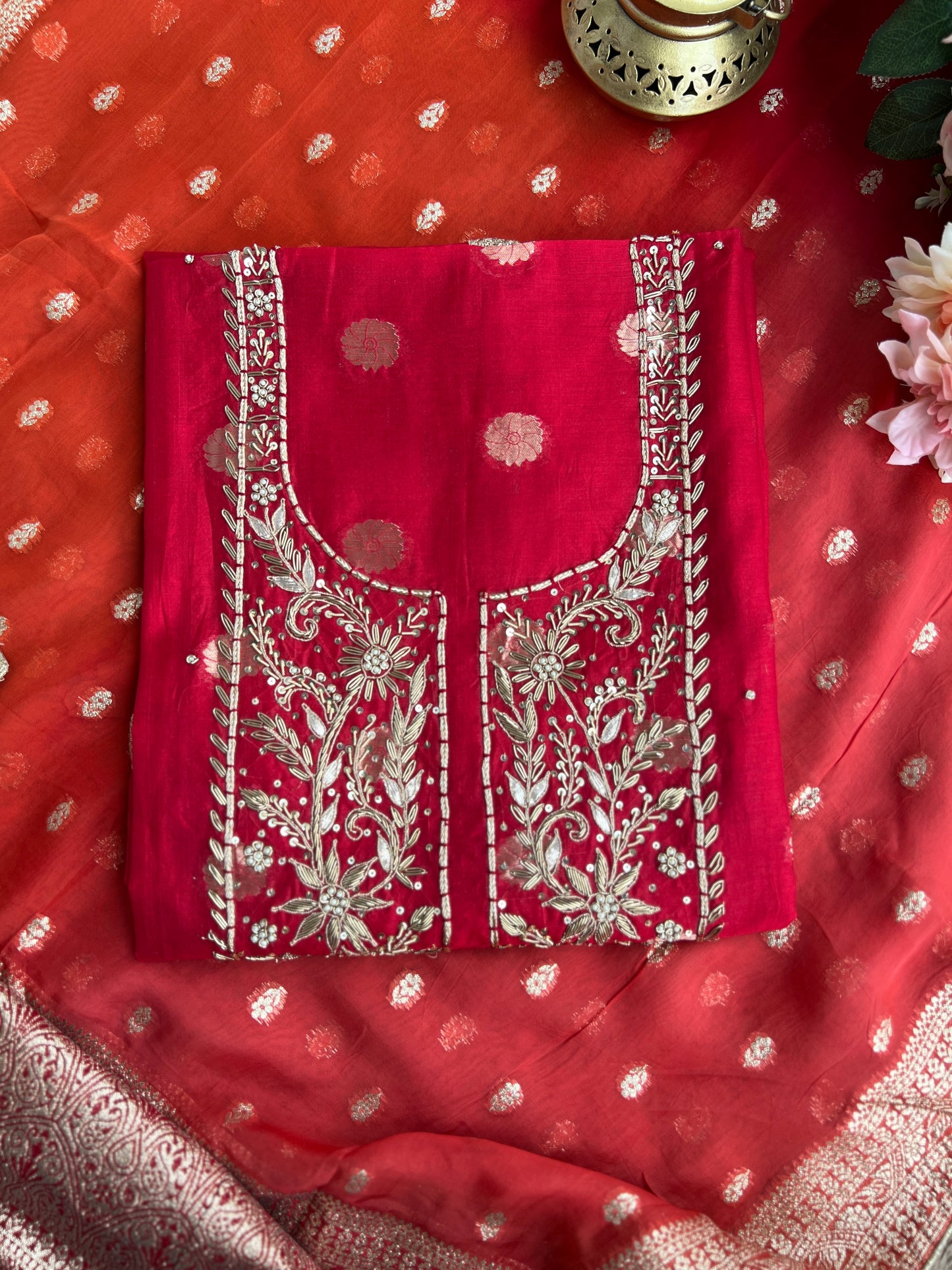 Regal Red Banarasi Chanderi Ensemble with Handcrafted Neck Detailing