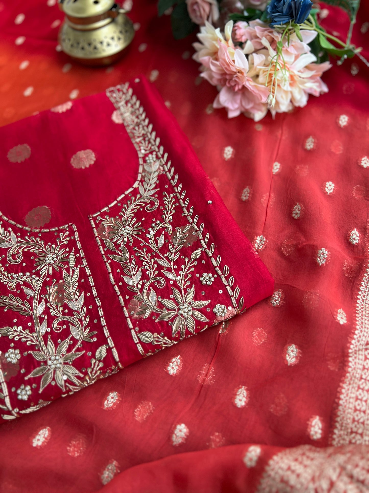 Regal Red Banarasi Chanderi Ensemble with Handcrafted Neck Detailing