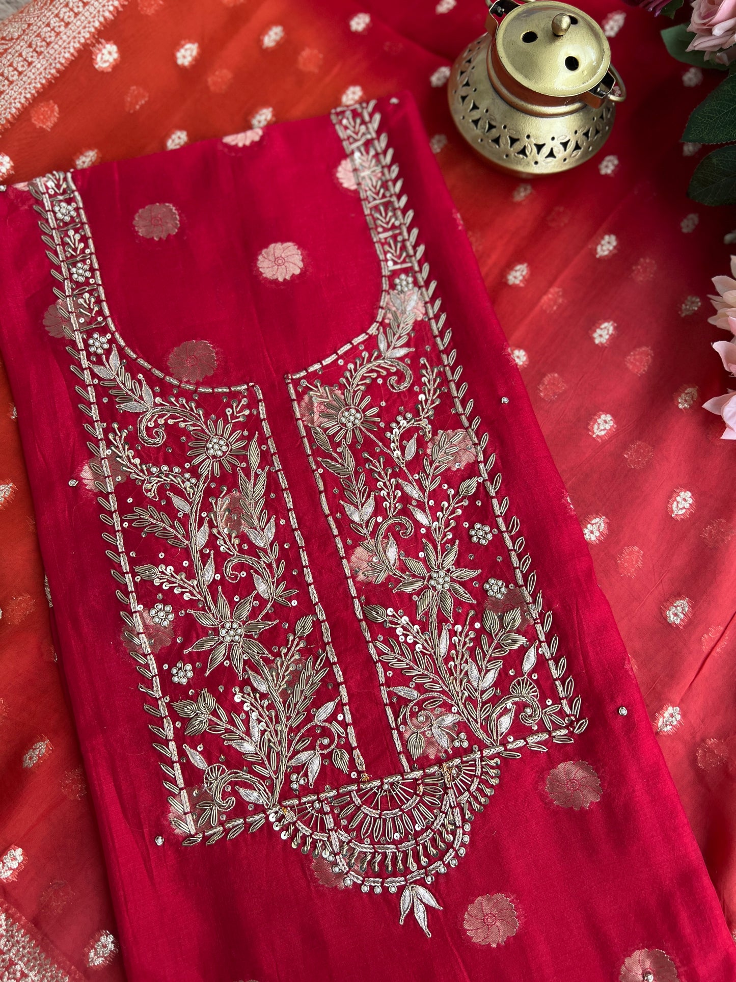 Regal Red Banarasi Chanderi Ensemble with Handcrafted Neck Detailing