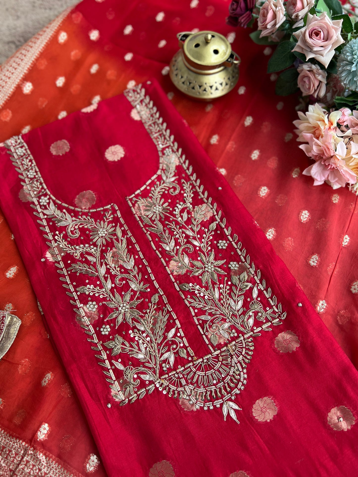 Regal Red Banarasi Chanderi Ensemble with Handcrafted Neck Detailing