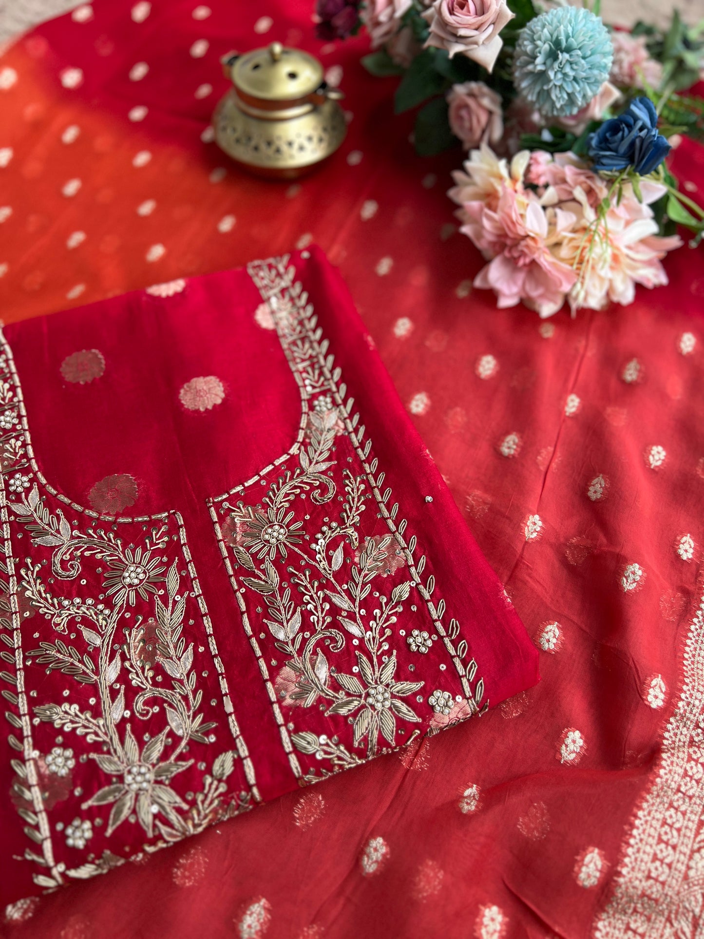 Regal Red Banarasi Chanderi Ensemble with Handcrafted Neck Detailing