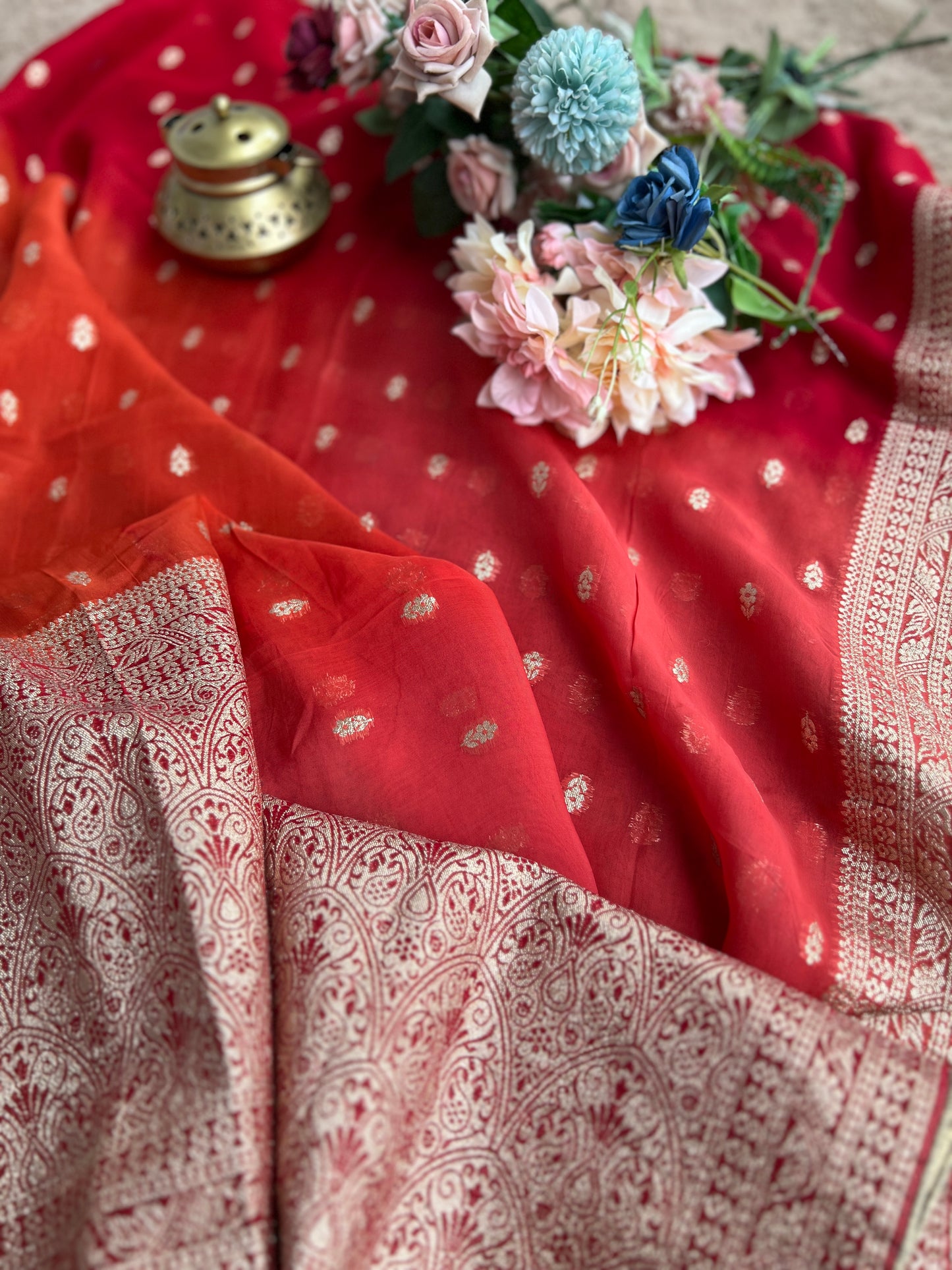 Regal Red Banarasi Chanderi Ensemble with Handcrafted Neck Detailing