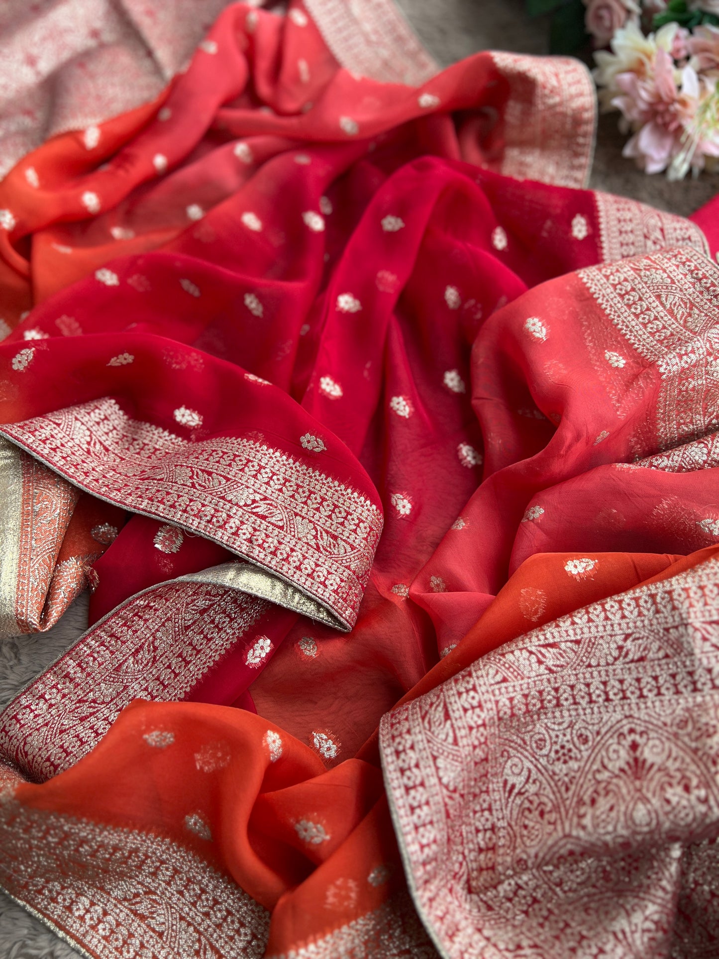 Regal Red Banarasi Chanderi Ensemble with Handcrafted Neck Detailing