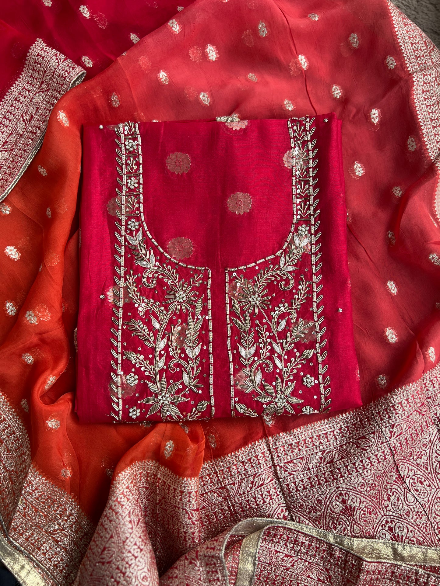 Regal Red Banarasi Chanderi Ensemble with Handcrafted Neck Detailing