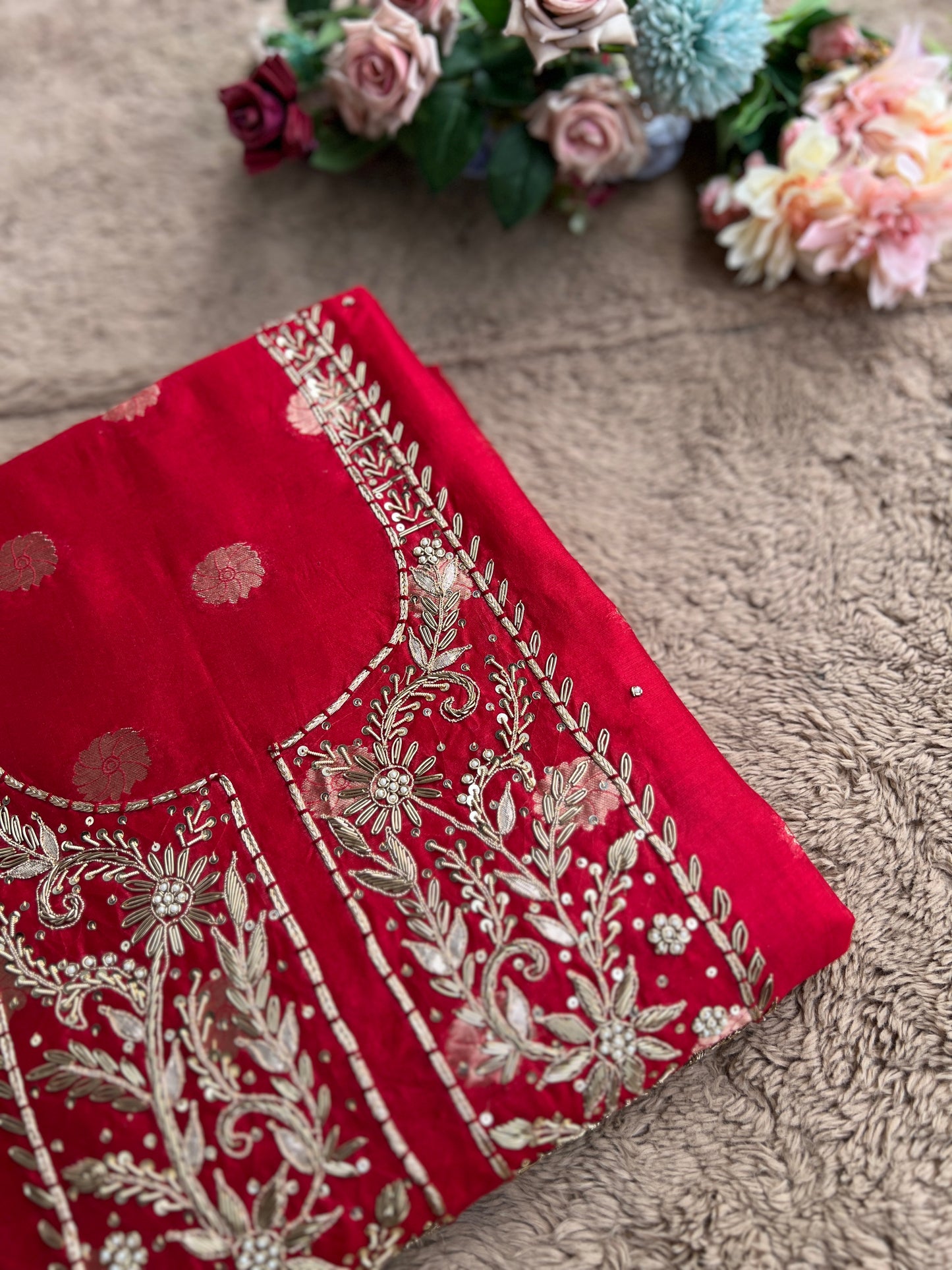 Regal Red Banarasi Chanderi Ensemble with Handcrafted Neck Detailing