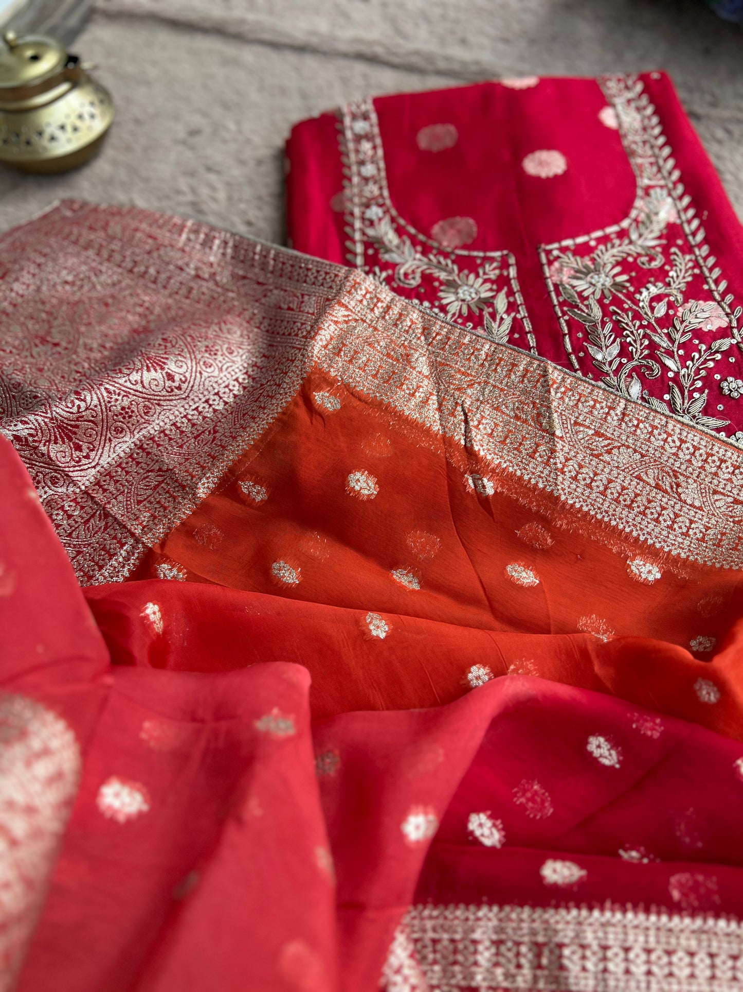 Regal Red Banarasi Chanderi Ensemble with Handcrafted Neck Detailing