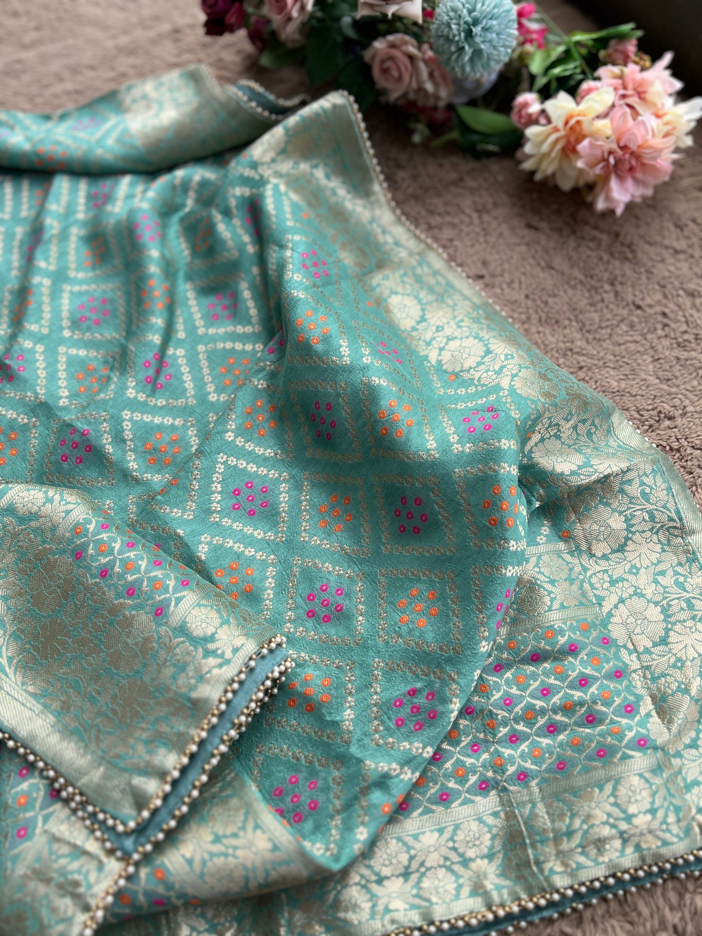 Aqua Grace Russian Silk Suit with Hand Embellished Neckline & Banarasi Dola Dupatta