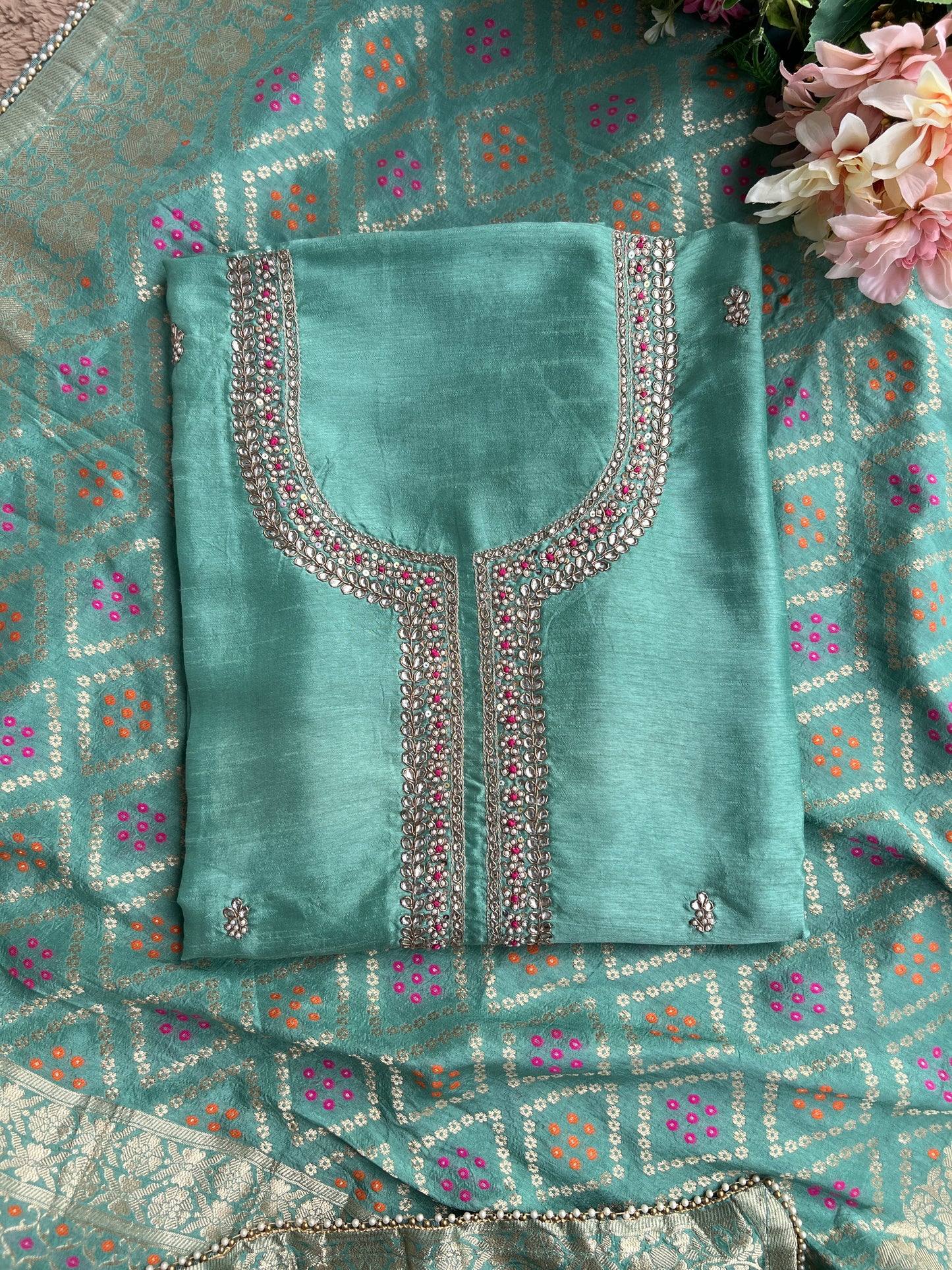 Aqua Grace Russian Silk Suit with Hand Embellished Neckline & Banarasi Dola Dupatta