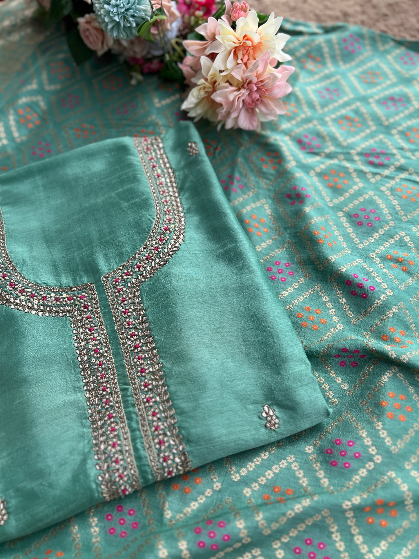 Aqua Grace Russian Silk Suit with Hand Embellished Neckline & Banarasi Dola Dupatta