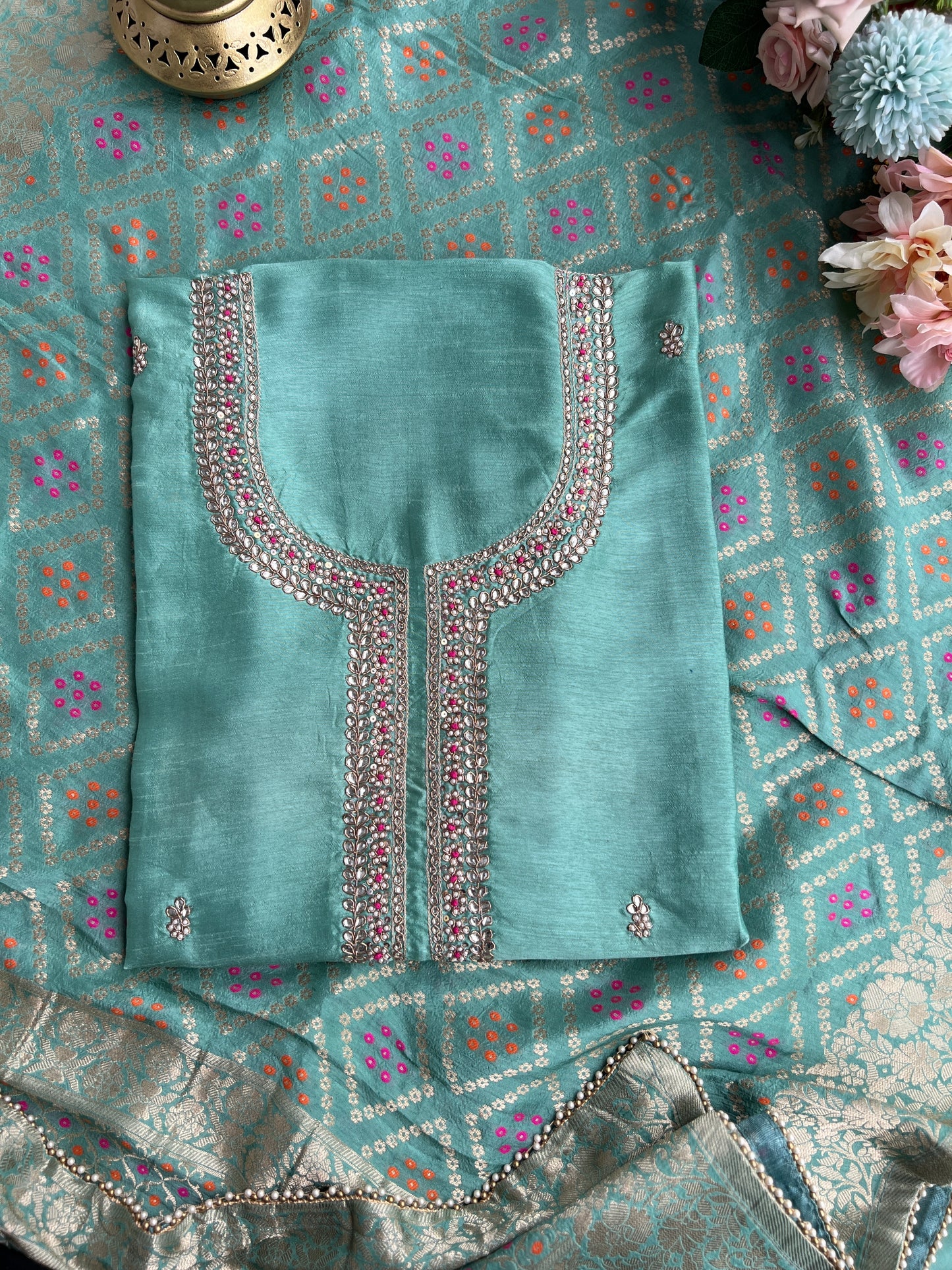 Aqua Grace Russian Silk Suit with Hand Embellished Neckline & Banarasi Dola Dupatta