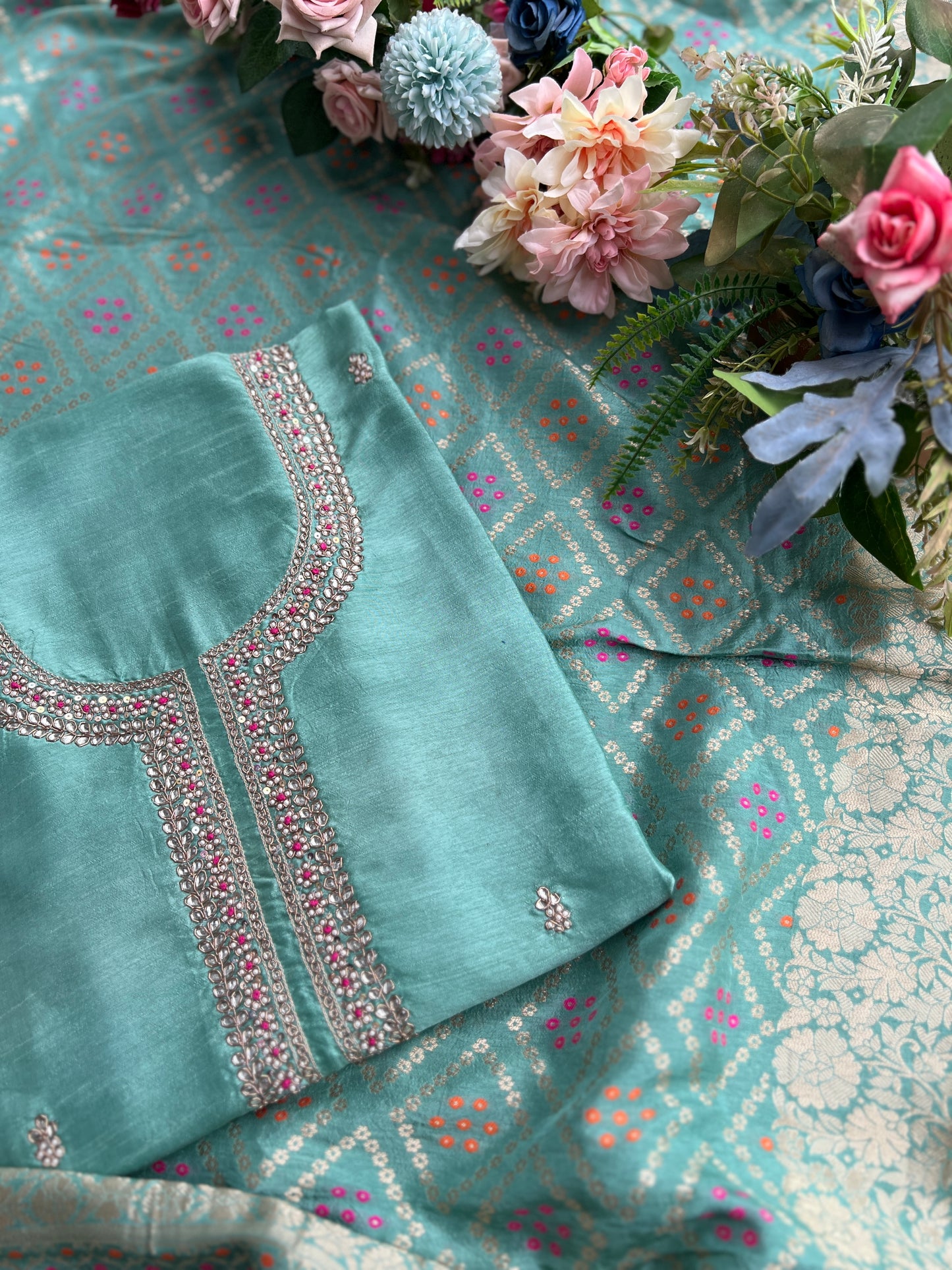 Aqua Grace Russian Silk Suit with Hand Embellished Neckline & Banarasi Dola Dupatta