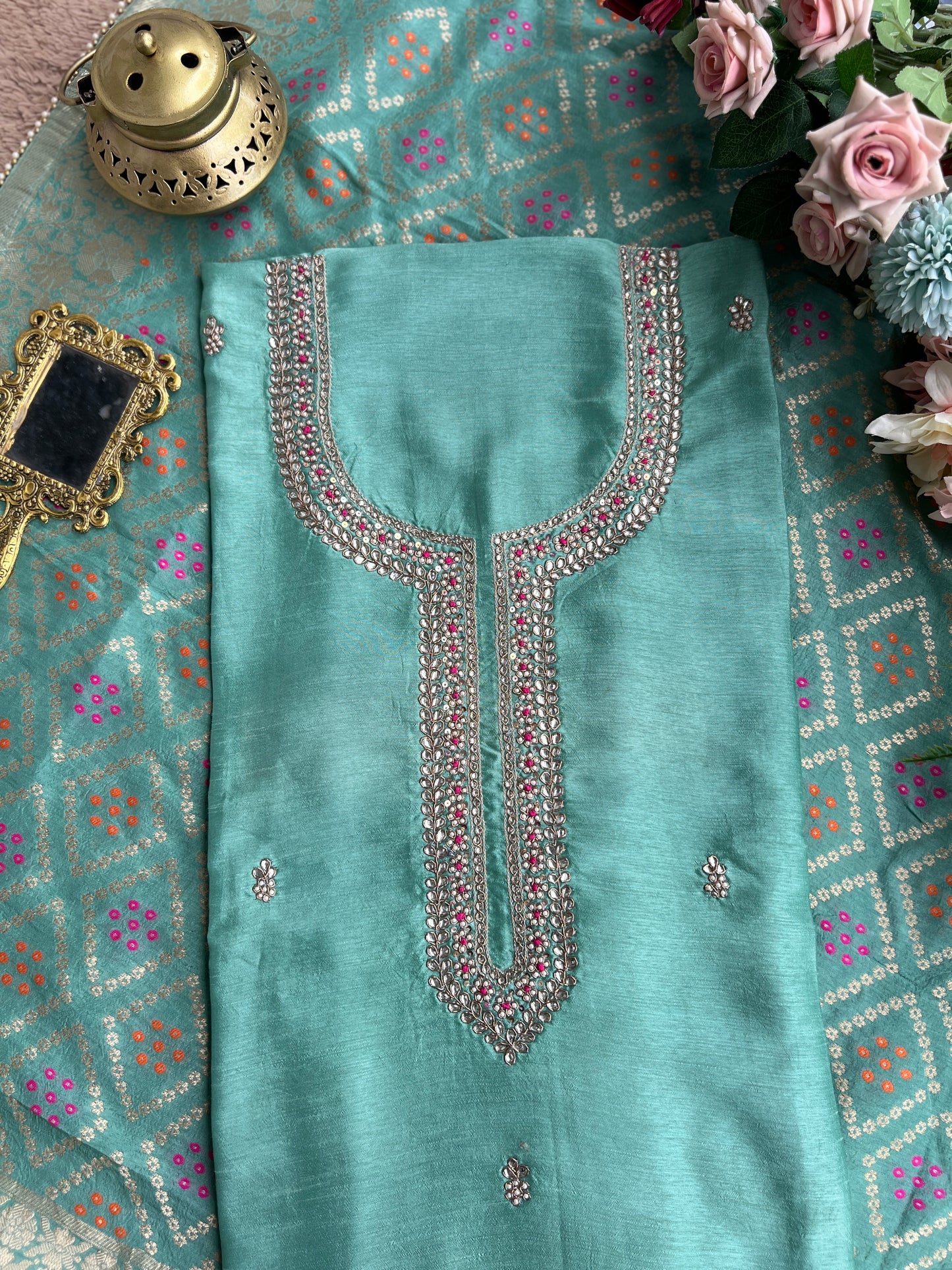 Aqua Grace Russian Silk Suit with Hand Embellished Neckline & Banarasi Dola Dupatta
