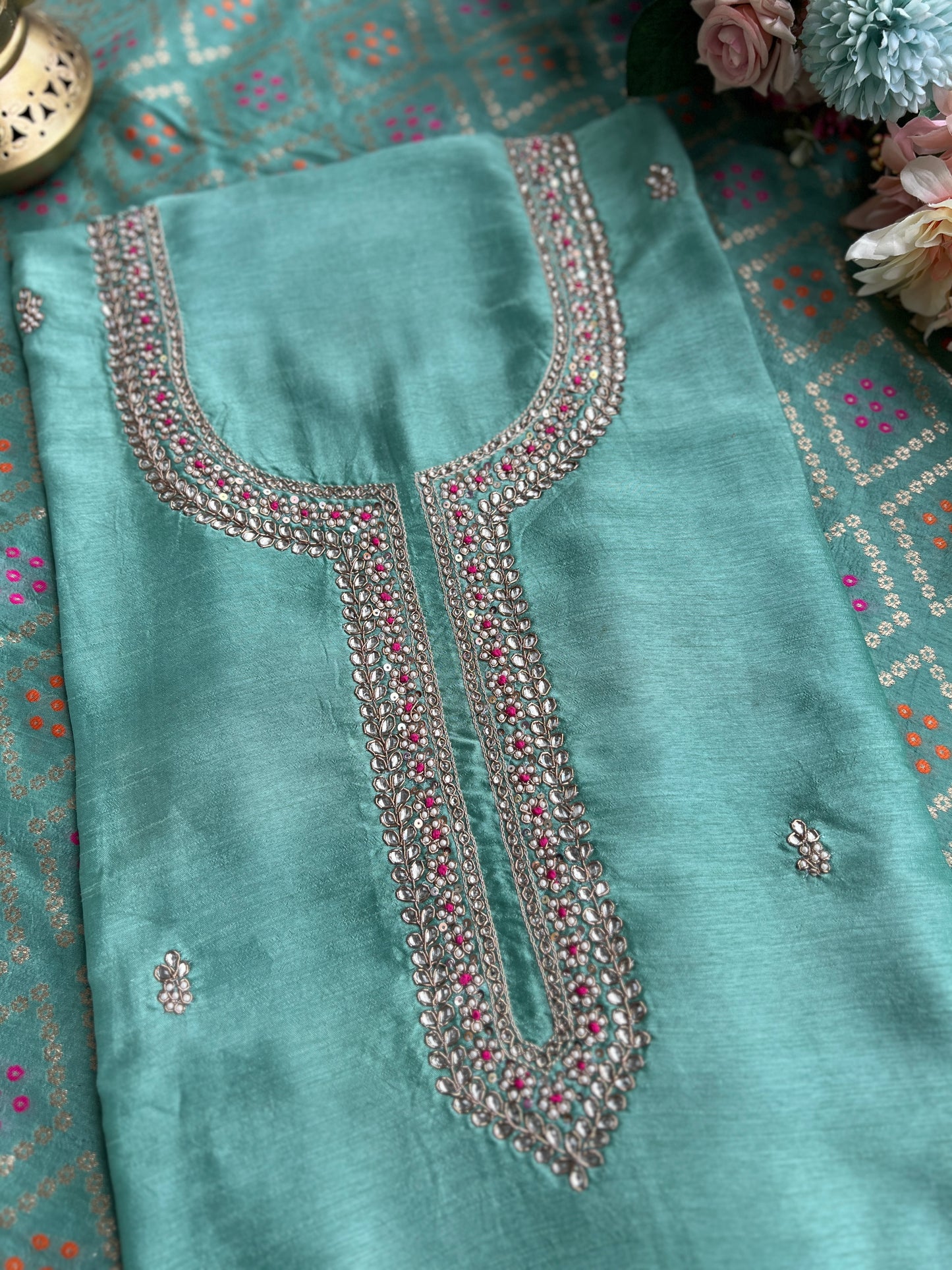 Aqua Grace Russian Silk Suit with Hand Embellished Neckline & Banarasi Dola Dupatta