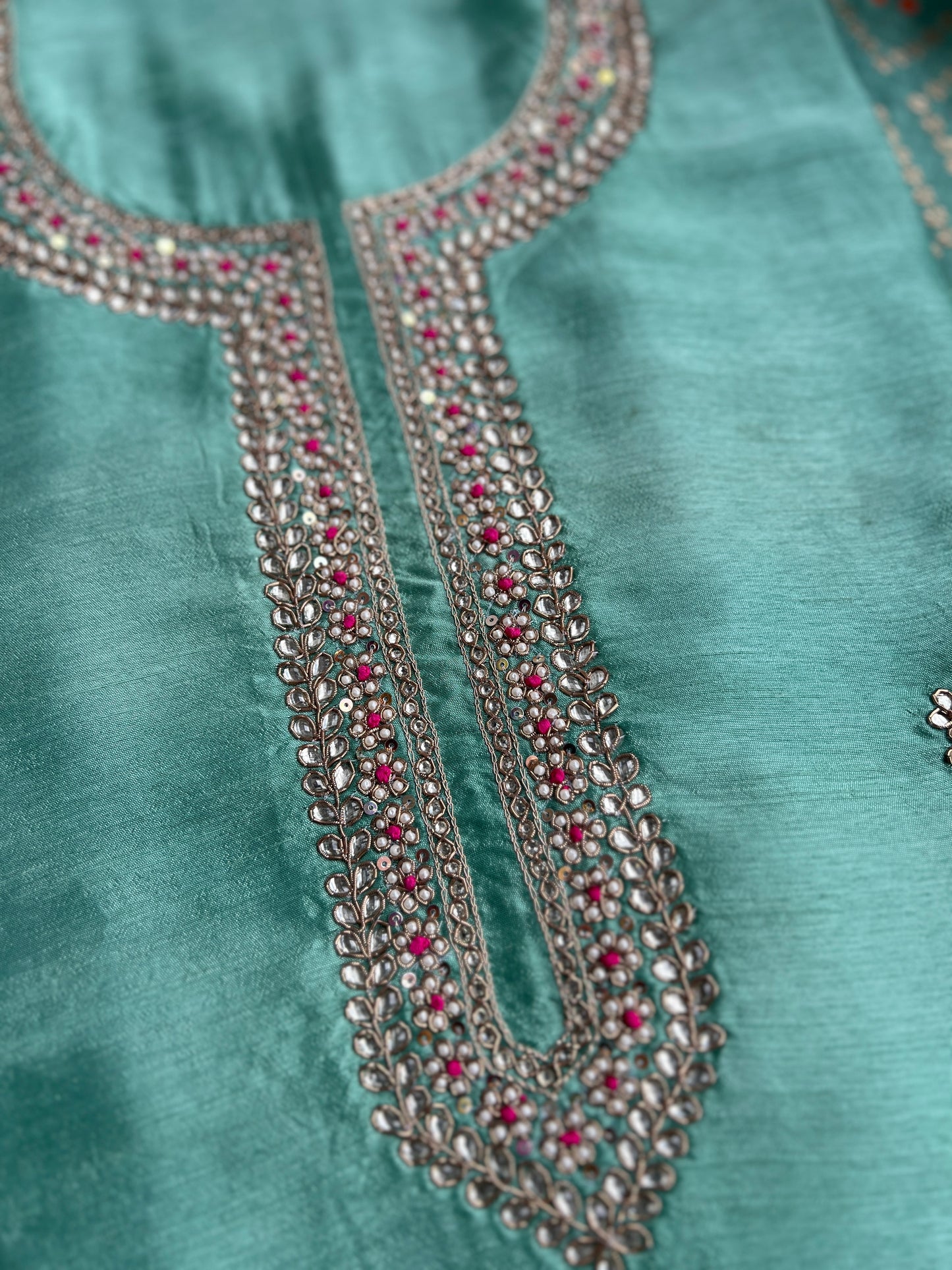 Aqua Grace Russian Silk Suit with Hand Embellished Neckline & Banarasi Dola Dupatta