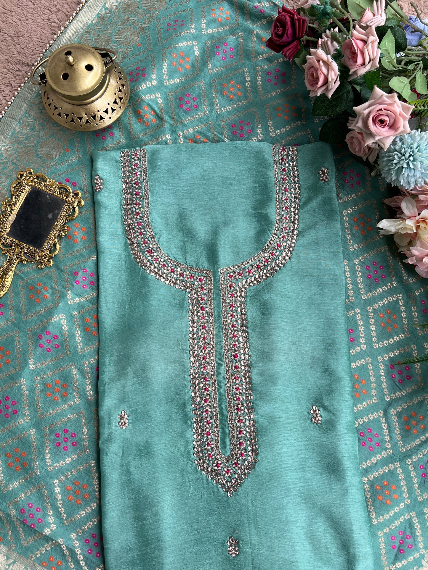 Aqua Grace Russian Silk Suit with Hand Embellished Neckline & Banarasi Dola Dupatta