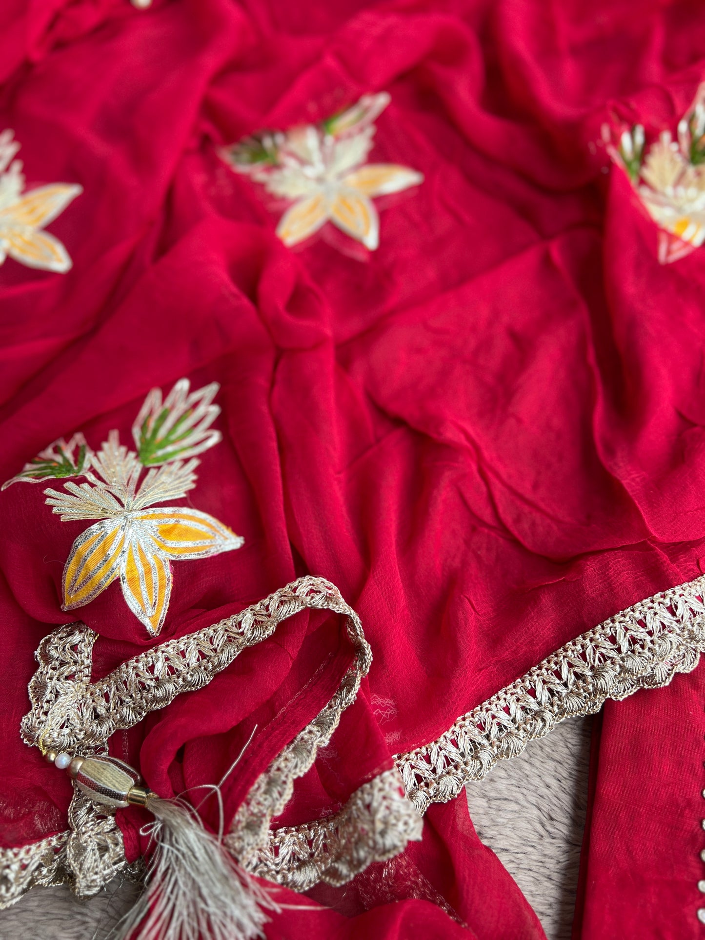 Radiant Red Chanderi Silk Suit with Gota Phool Dupatta & Handcrafted Detailing