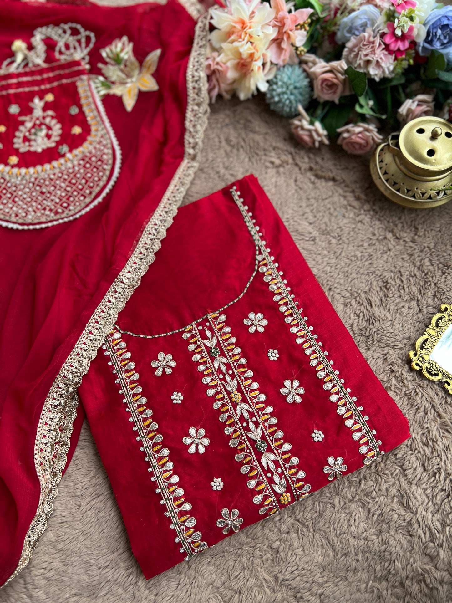 Radiant Red Chanderi Silk Suit with Gota Phool Dupatta & Handcrafted Detailing