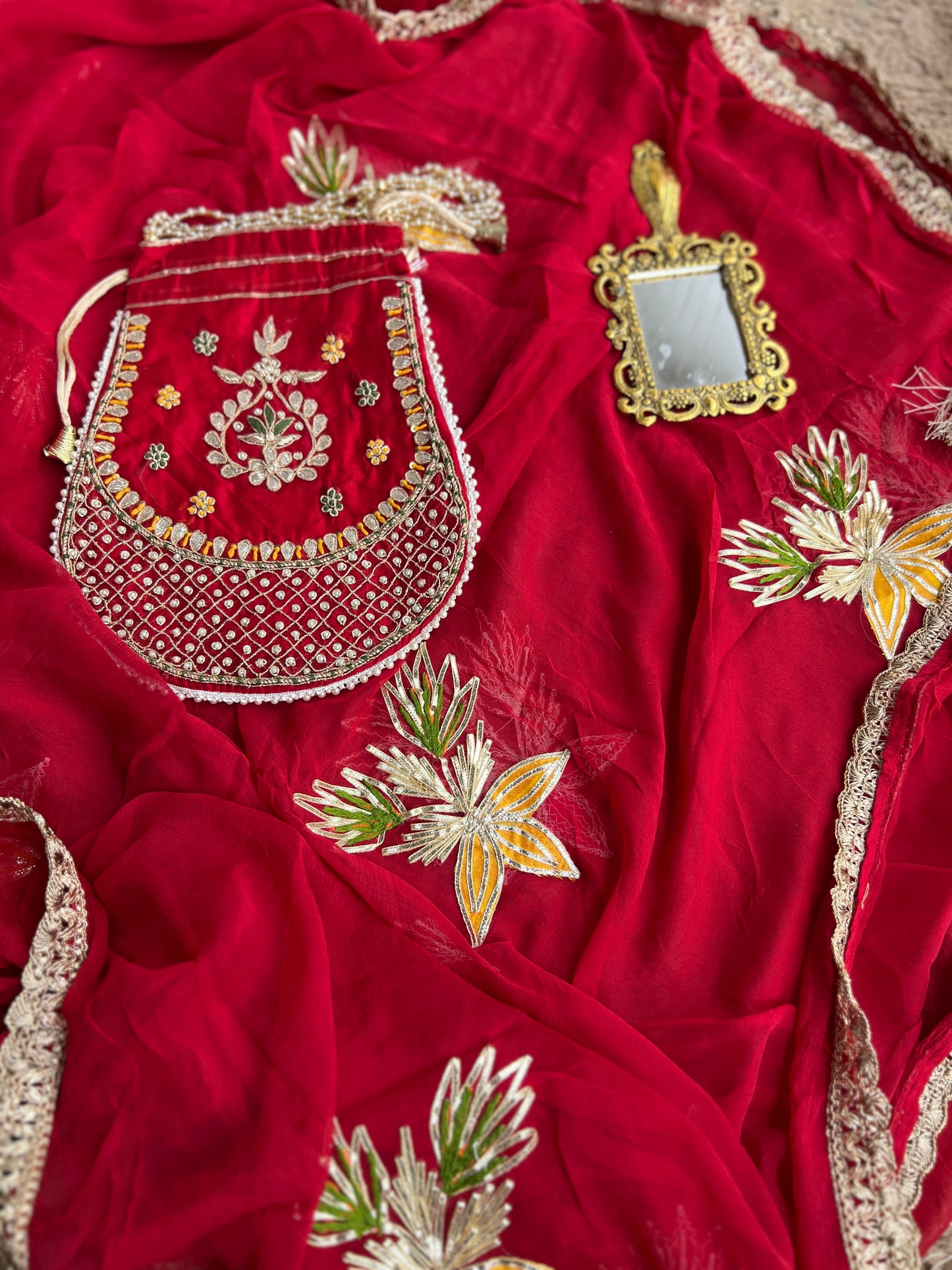 Radiant Red Chanderi Silk Suit with Gota Phool Dupatta & Handcrafted Detailing