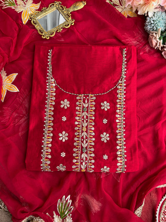 Radiant Red Chanderi Silk Suit with Gota Phool Dupatta & Handcrafted Detailing