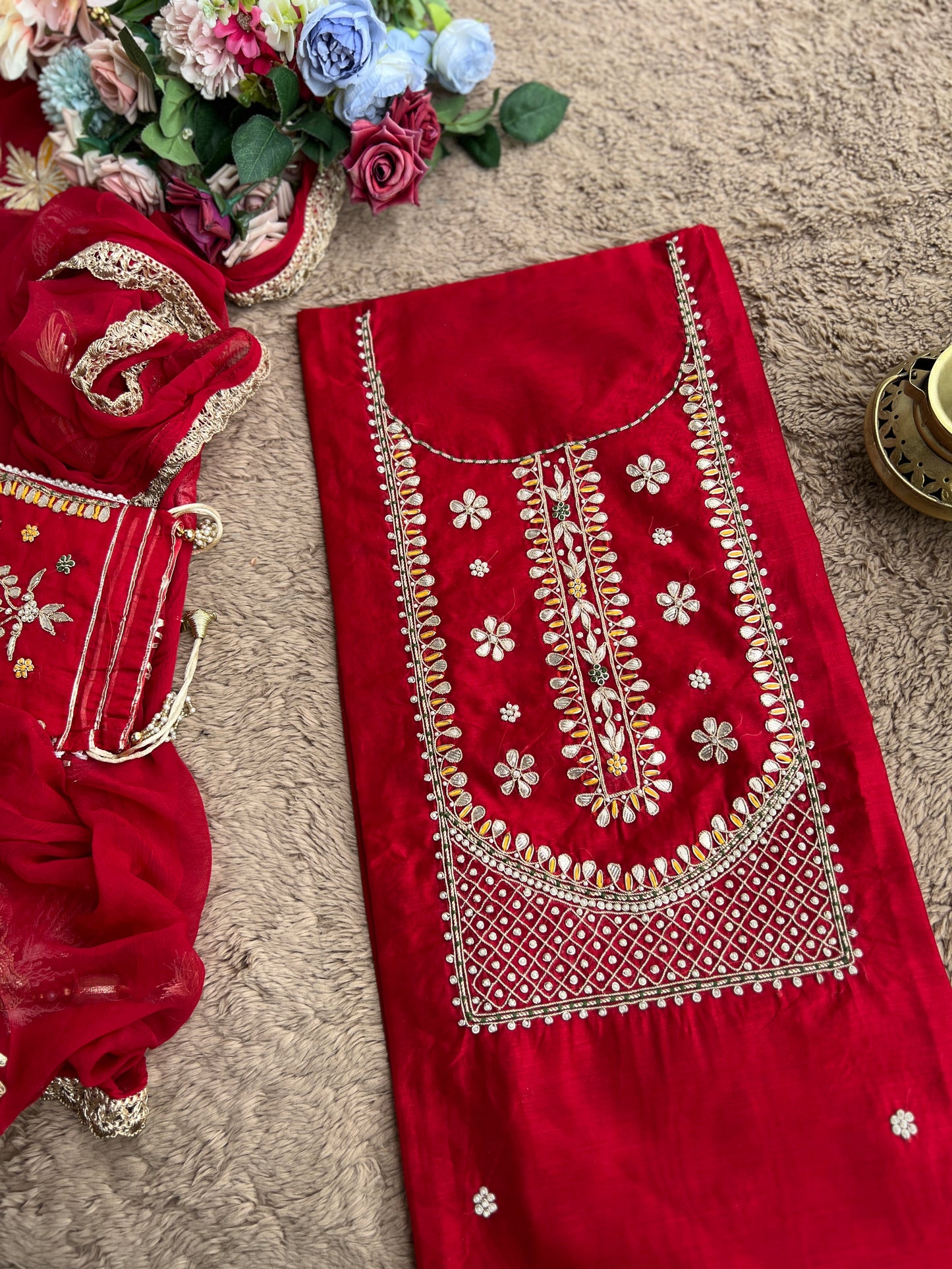 Radiant Red Chanderi Silk Suit with Gota Phool Dupatta & Handcrafted Detailing