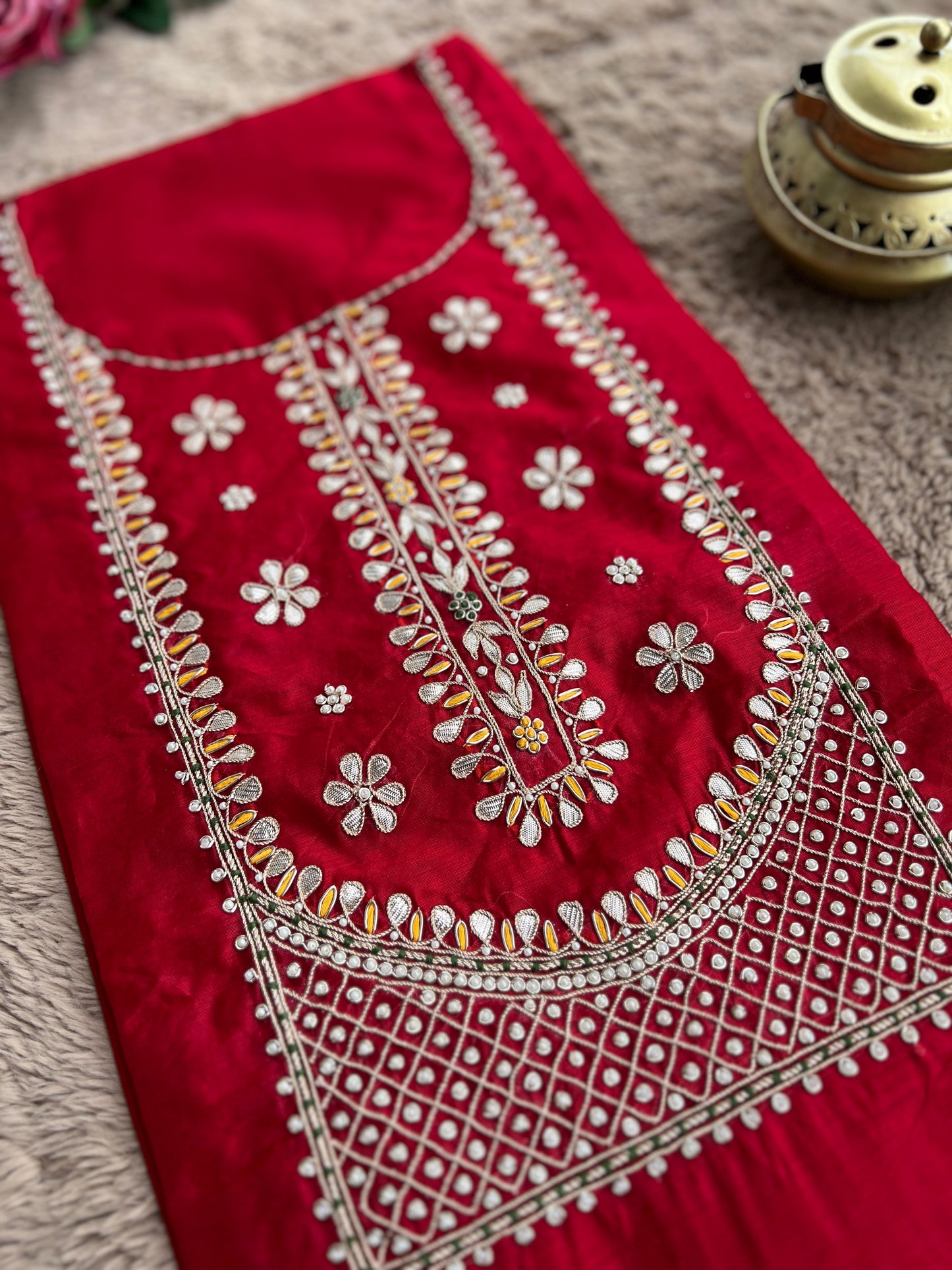 Radiant Red Chanderi Silk Suit with Gota Phool Dupatta & Handcrafted Detailing