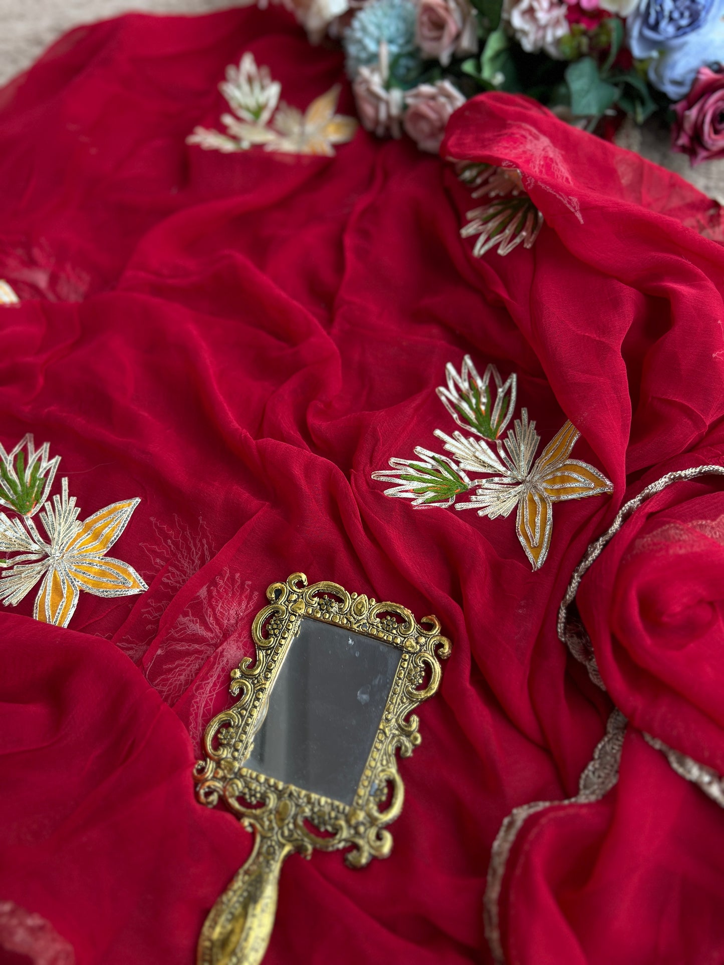 Radiant Red Chanderi Silk Suit with Gota Phool Dupatta & Handcrafted Detailing