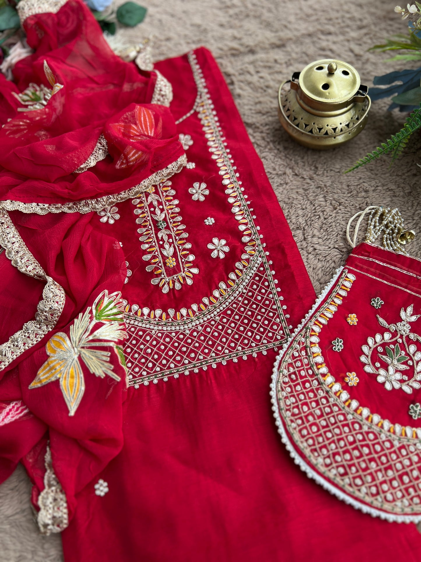 Radiant Red Chanderi Silk Suit with Gota Phool Dupatta & Handcrafted Detailing