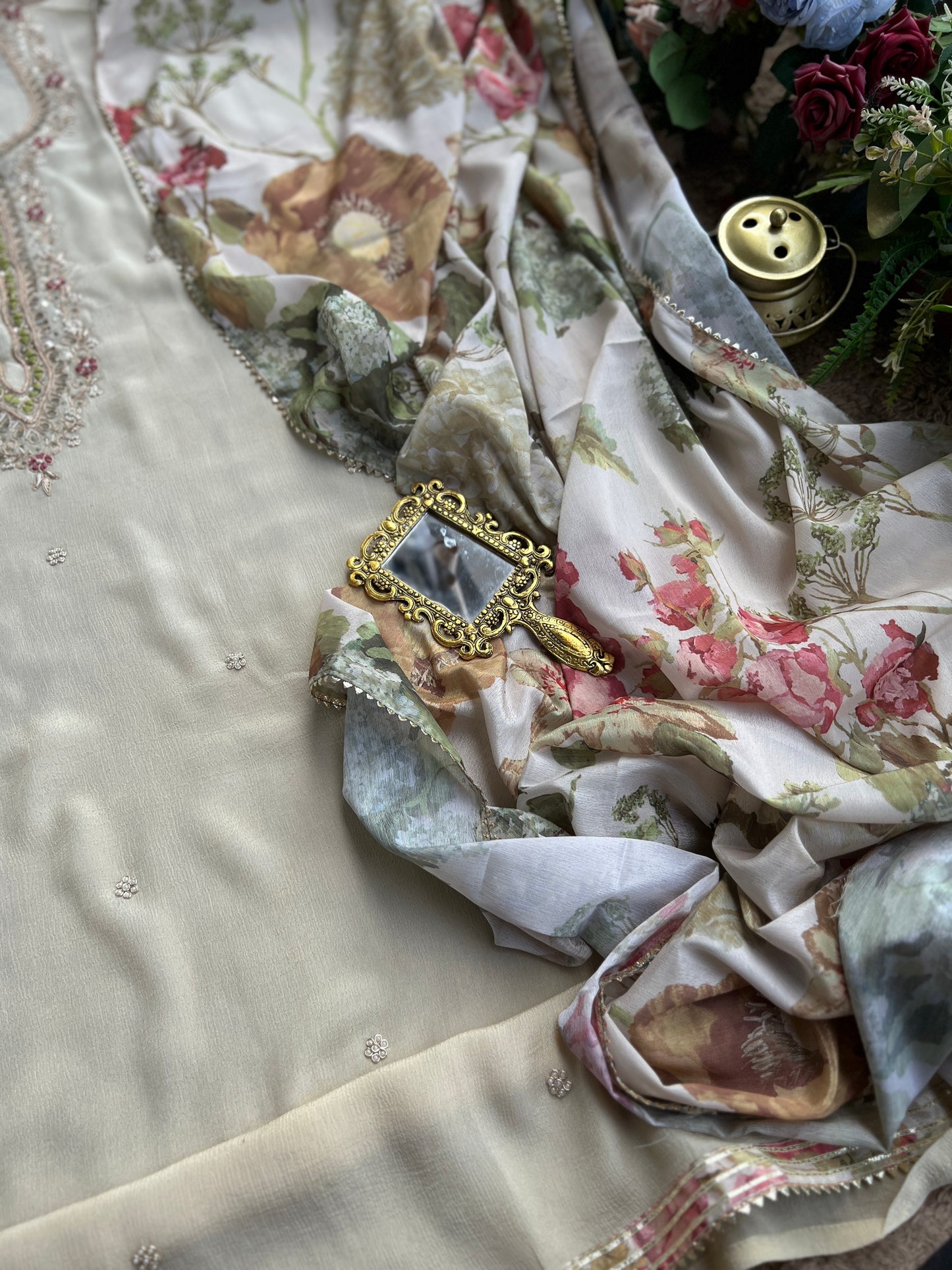 Ivory Chinnon Suit with Hand Embellished Neckline & Floral Chinnon Dupatta