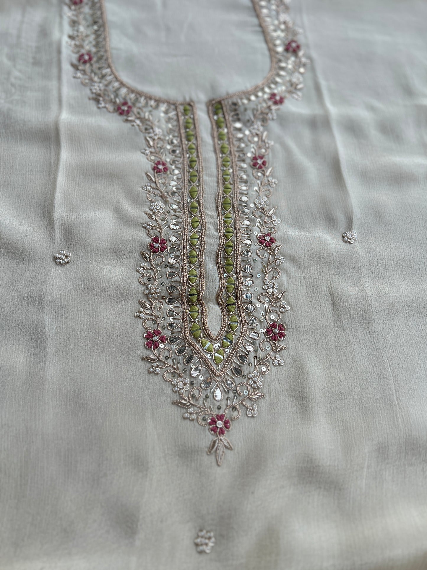 Ivory Chinnon Suit with Hand Embellished Neckline & Floral Chinnon Dupatta