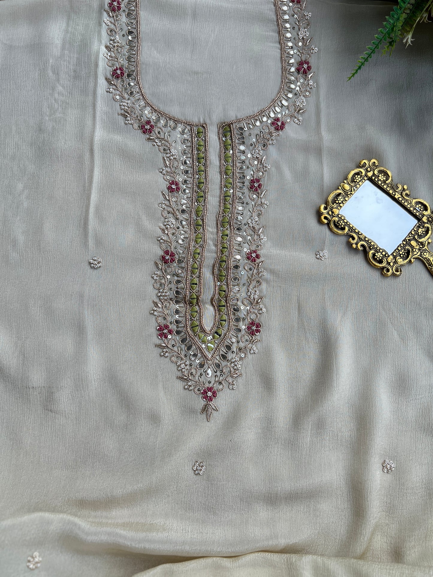 Ivory Chinnon Suit with Hand Embellished Neckline & Floral Chinnon Dupatta