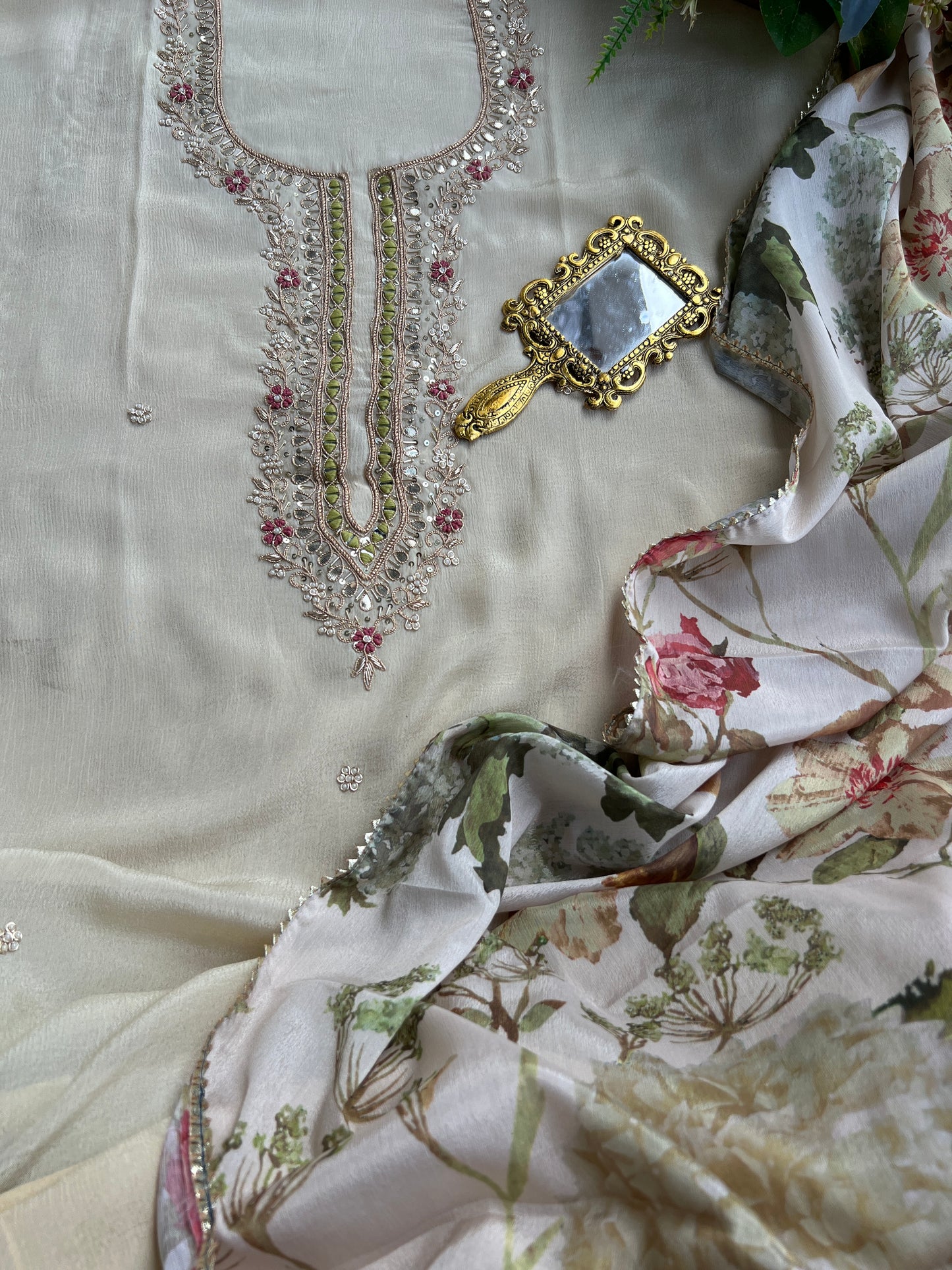 Ivory Chinnon Suit with Hand Embellished Neckline & Floral Chinnon Dupatta