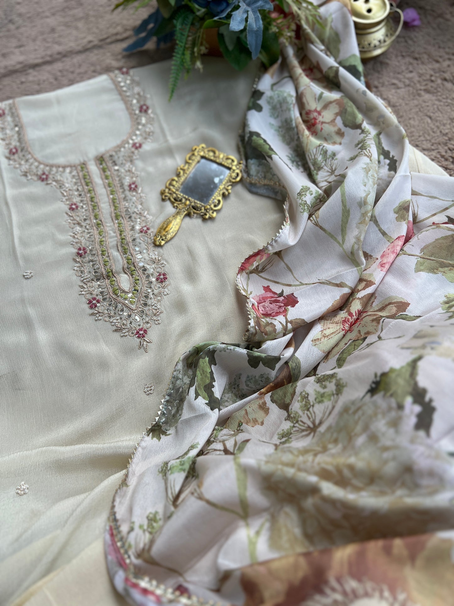 Ivory Chinnon Suit with Hand Embellished Neckline & Floral Chinnon Dupatta