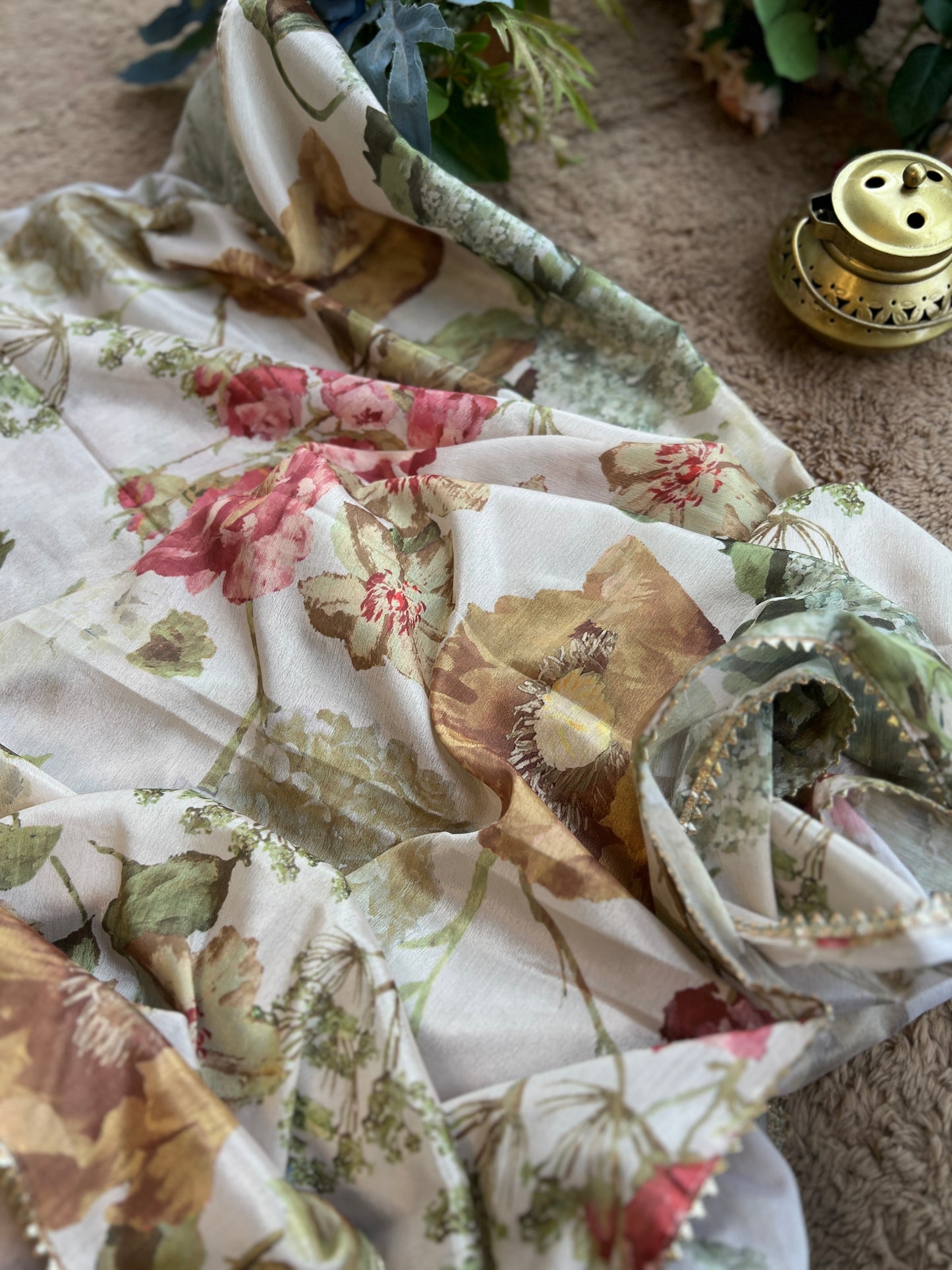Ivory Chinnon Suit with Hand Embellished Neckline & Floral Chinnon Dupatta