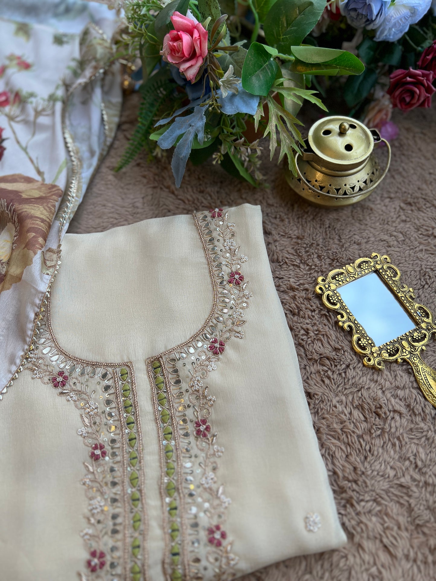 Ivory Chinnon Suit with Hand Embellished Neckline & Floral Chinnon Dupatta