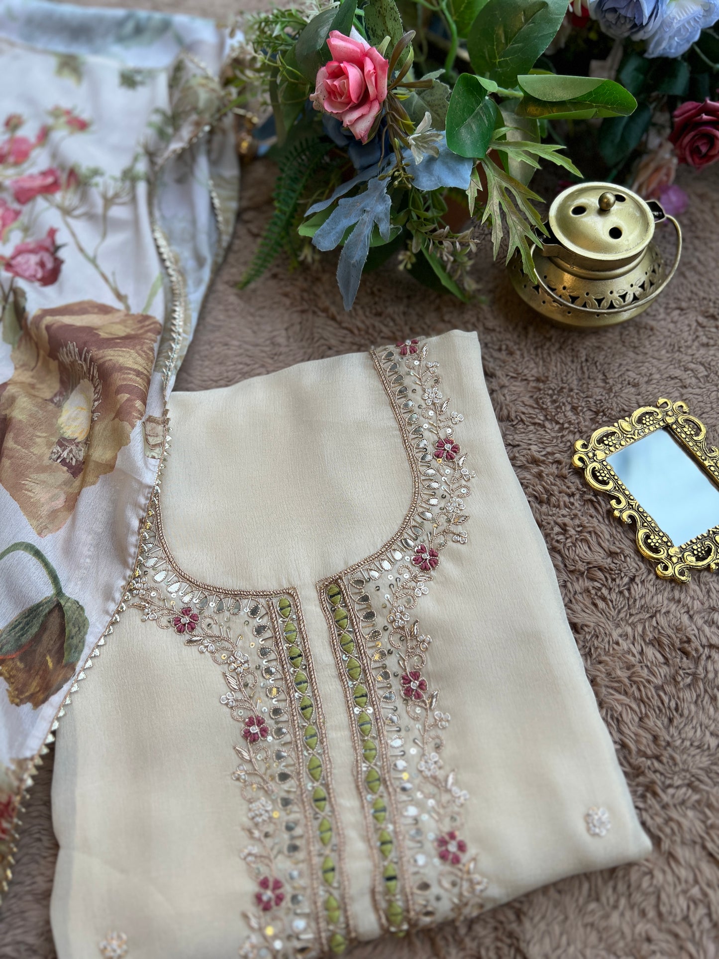Ivory Chinnon Suit with Hand Embellished Neckline & Floral Chinnon Dupatta