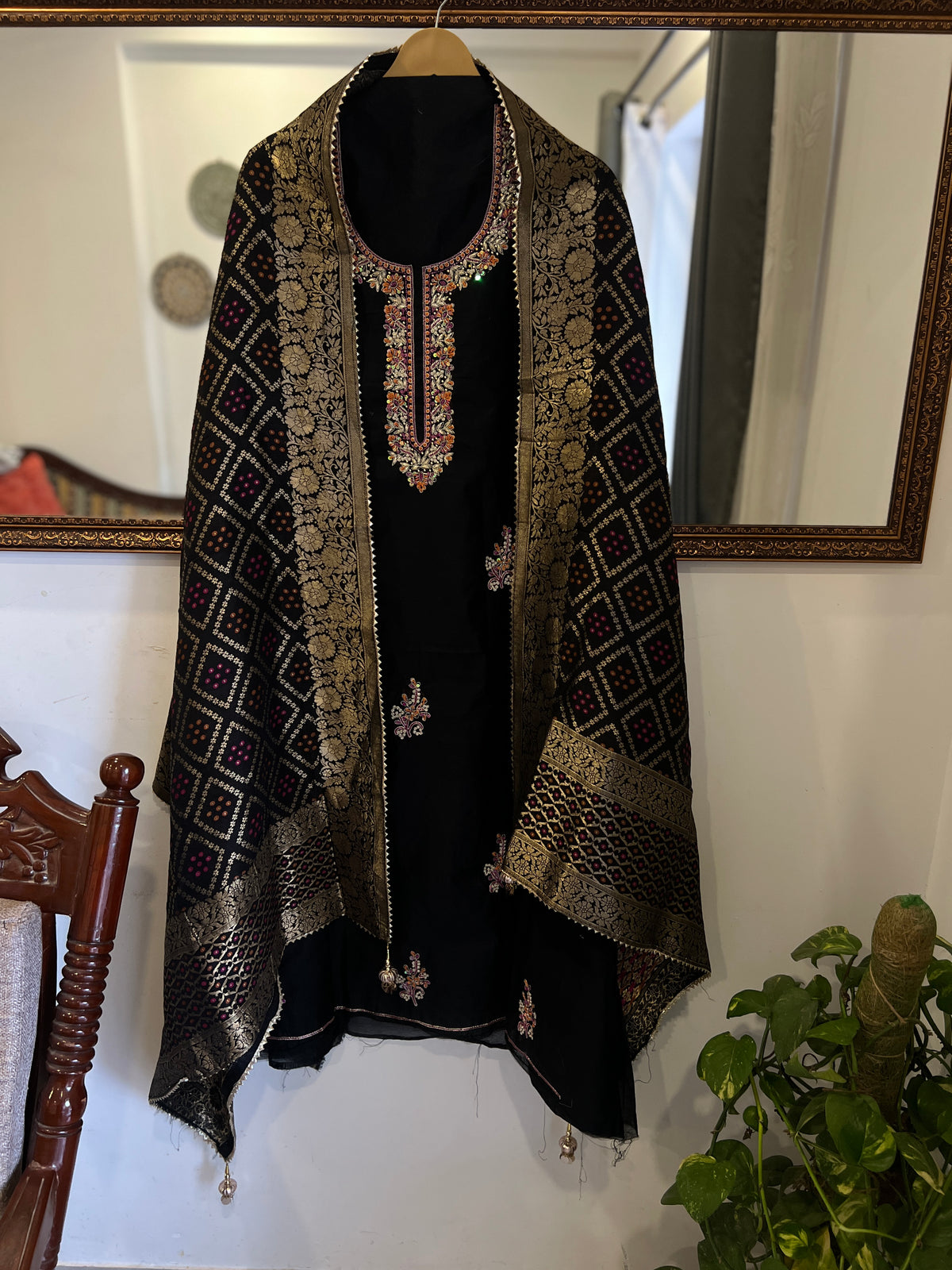 Midnight Black Chanderi Handcrafted Suit Set