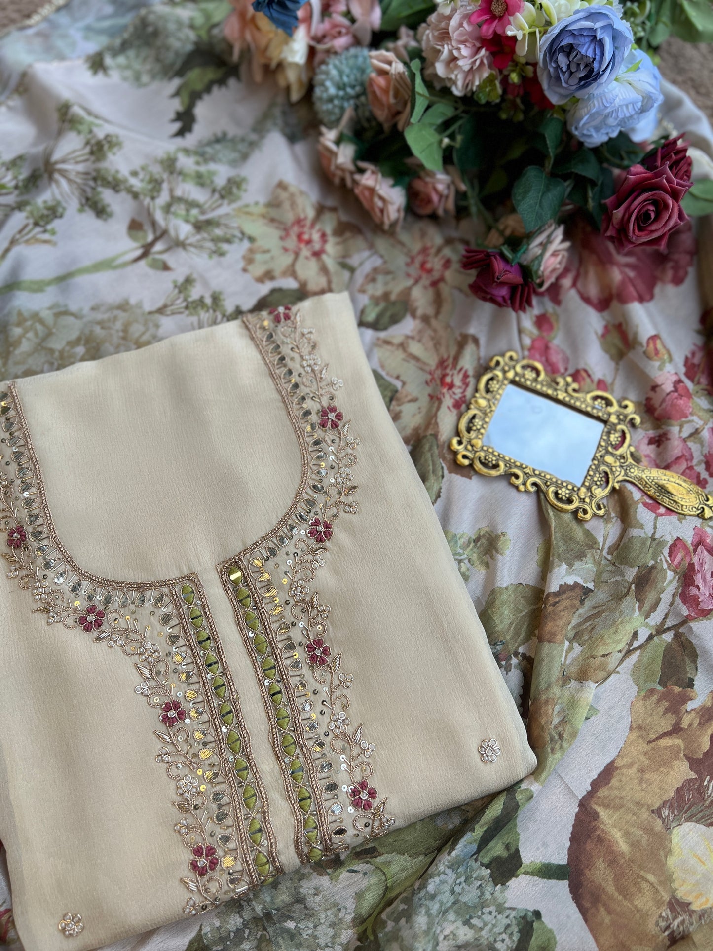 Ivory Chinnon Suit with Hand Embellished Neckline & Floral Chinnon Dupatta