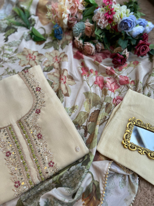 Ivory Chinnon Suit with Hand Embellished Neckline & Floral Chinnon Dupatta
