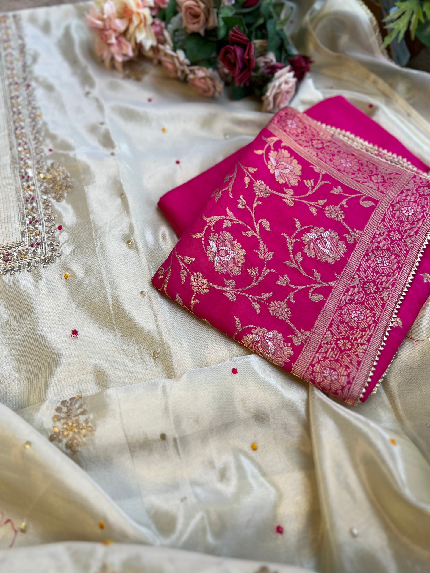 Ivory Shimmer Silk Suit with Hand Embroidery & Contrasting Dola Banarasi Dupatta