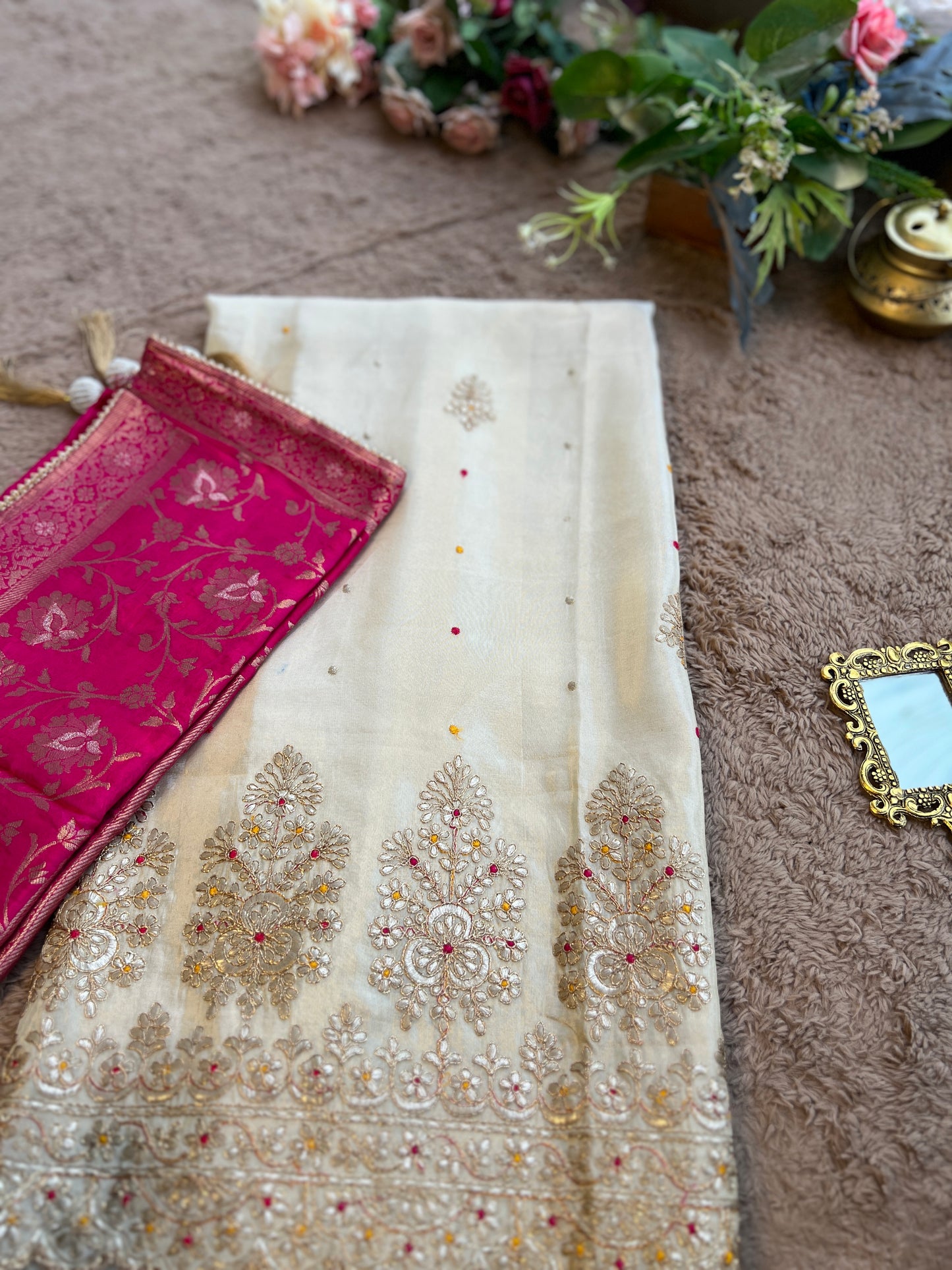 Ivory Shimmer Silk Suit with Hand Embroidery & Contrasting Dola Banarasi Dupatta