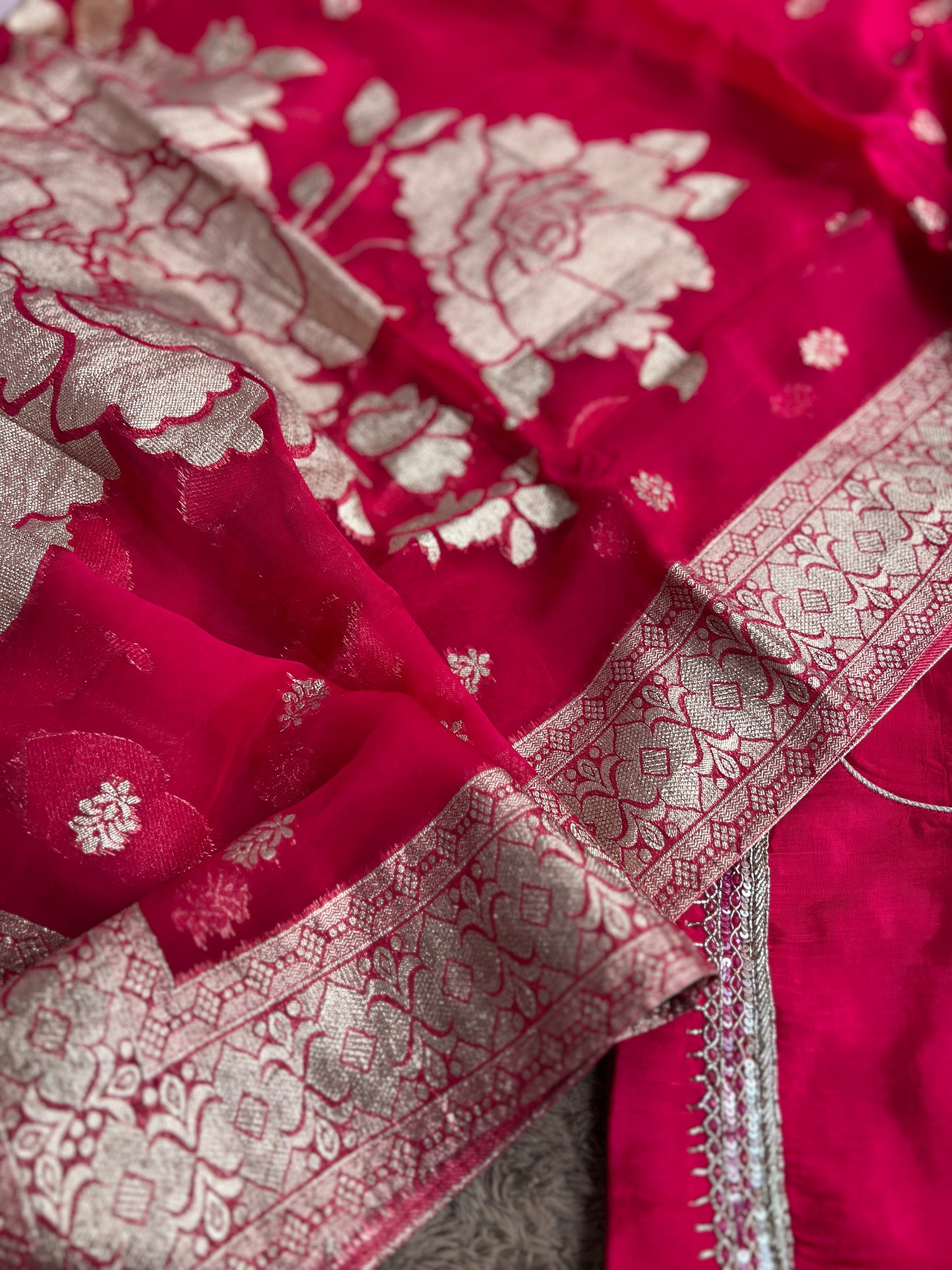 U Neck Russian Silk Suit with Hand Embellished Neckline & Tisse Banarasi Dupatta