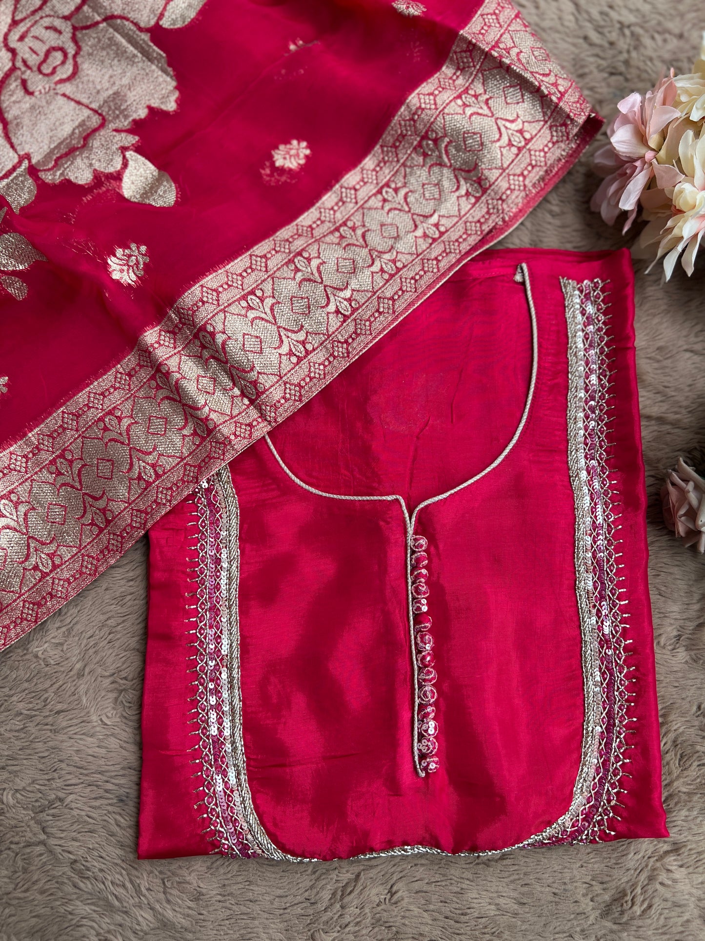 U Neck Russian Silk Suit with Hand Embellished Neckline & Tisse Banarasi Dupatta