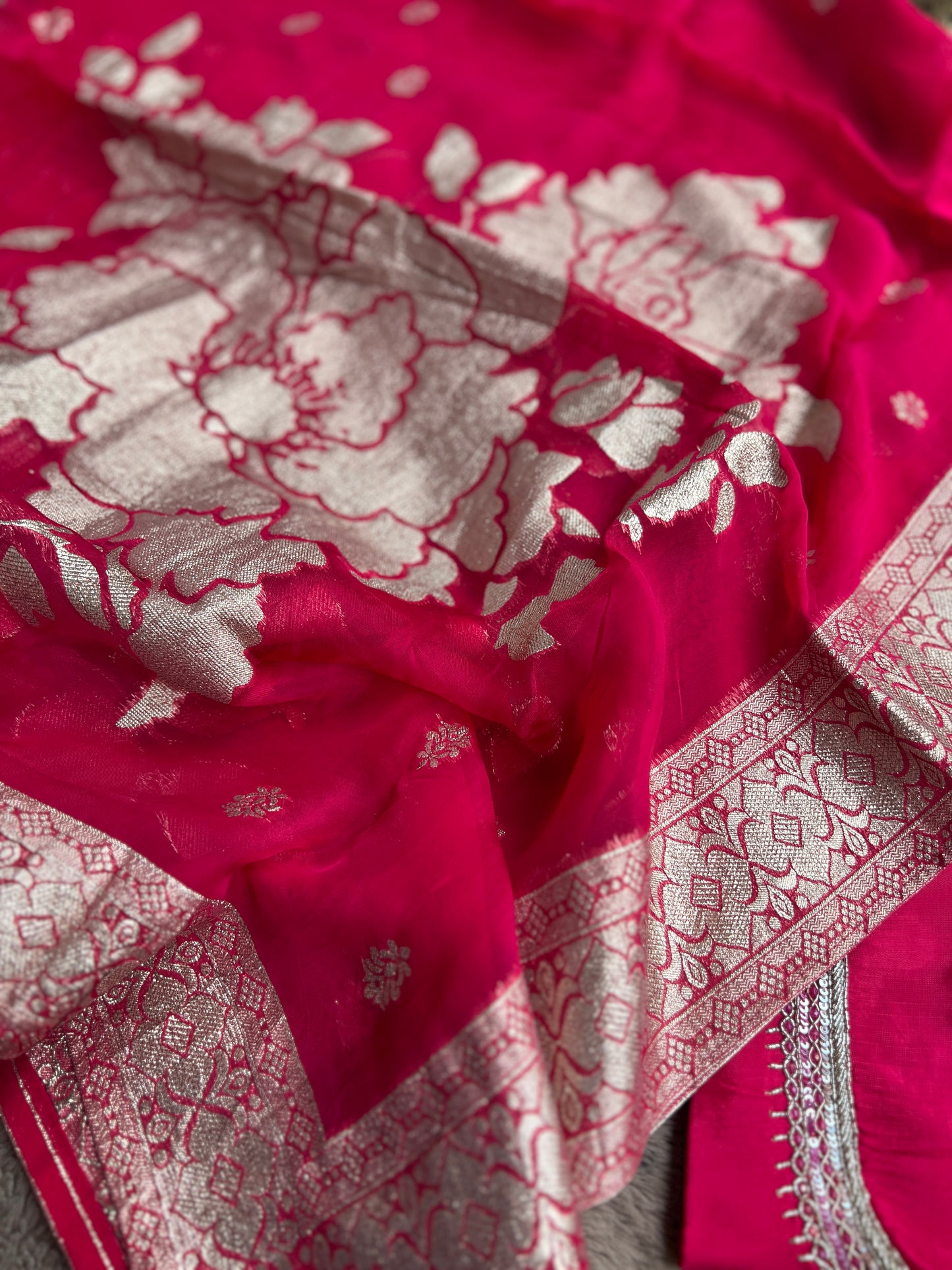 U Neck Russian Silk Suit with Hand Embellished Neckline & Tisse Banarasi Dupatta